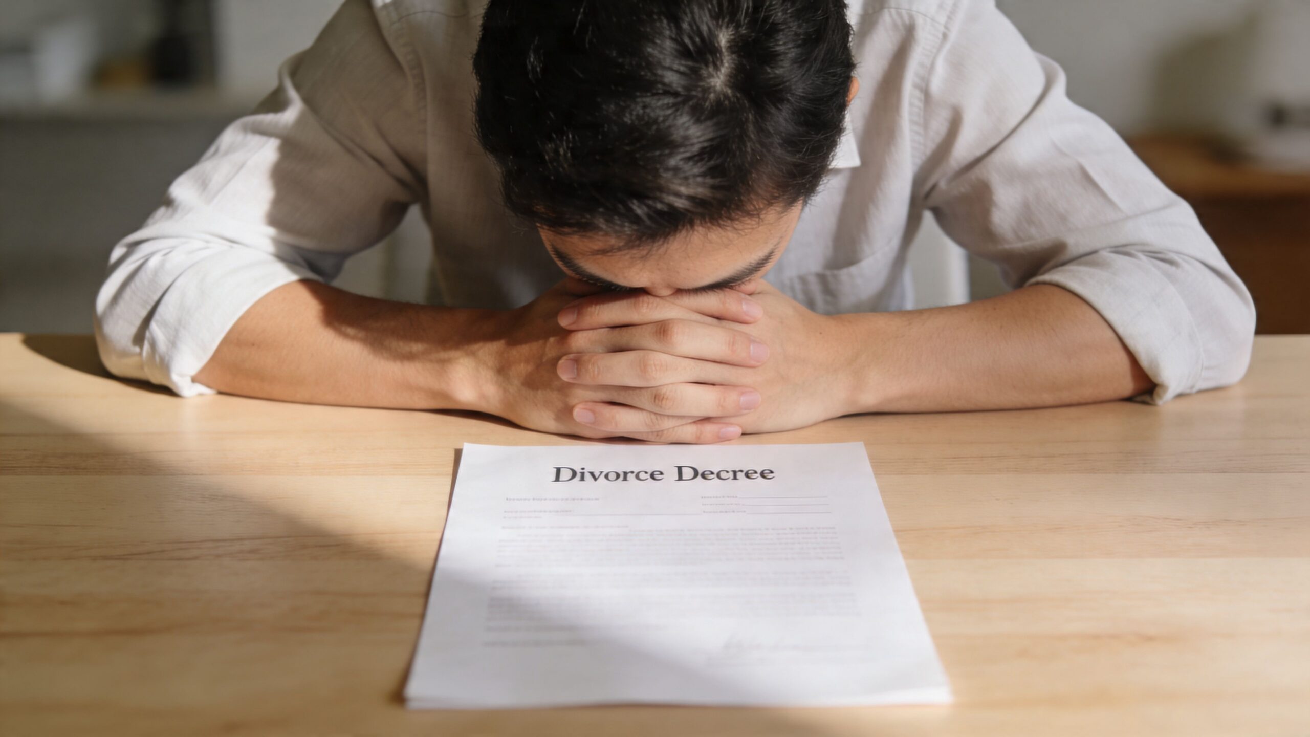 A distressed man leaning his head on his hands while sitting in front of a divorce decree.