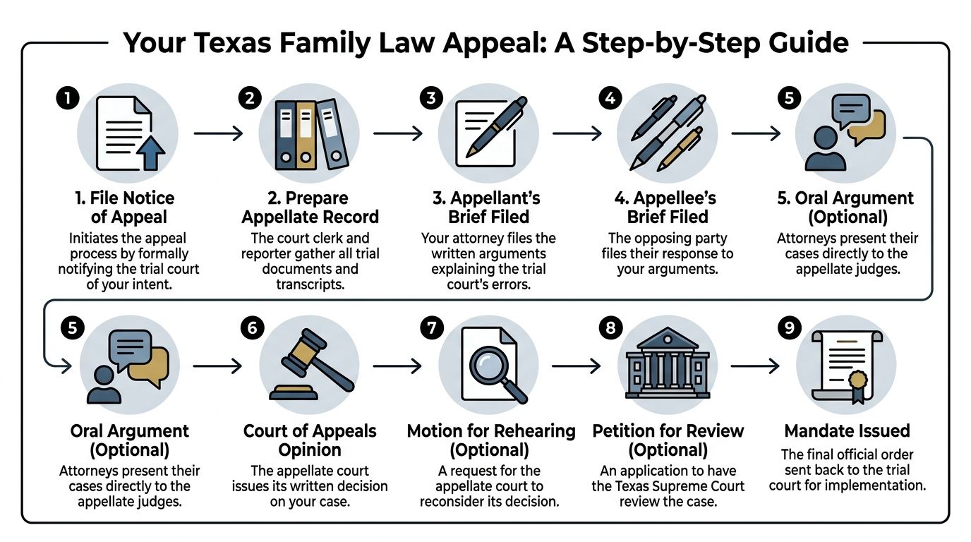 A step-by-step infographic illustrating the nine-stage process of filing a Texas family law appeal.