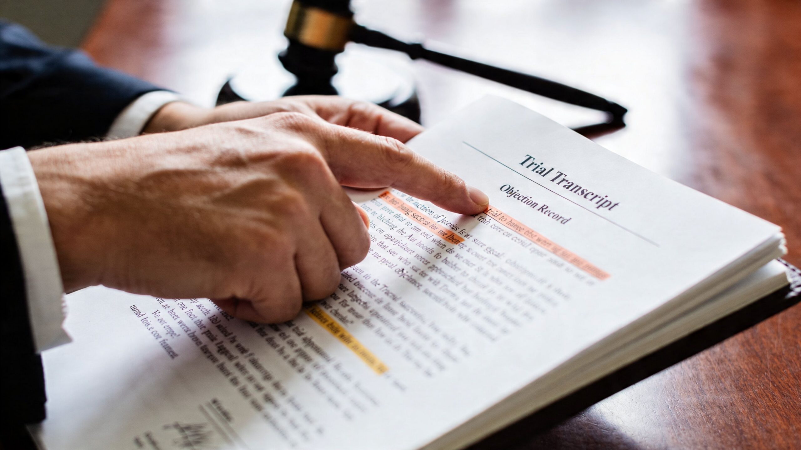 A close-up view of a lawyer reviewing a legal trial transcript with a gavel in the background.