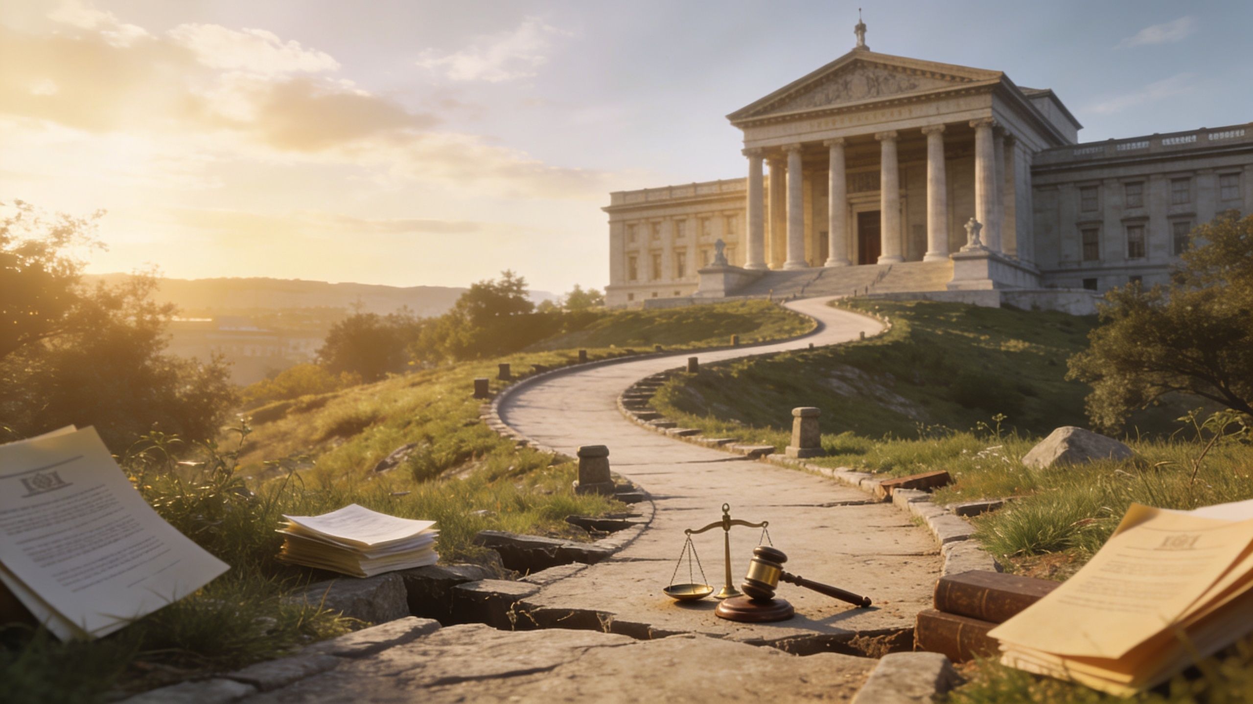 A gavel and scales of justice rest on a path leading toward a grand courthouse at sunset.
