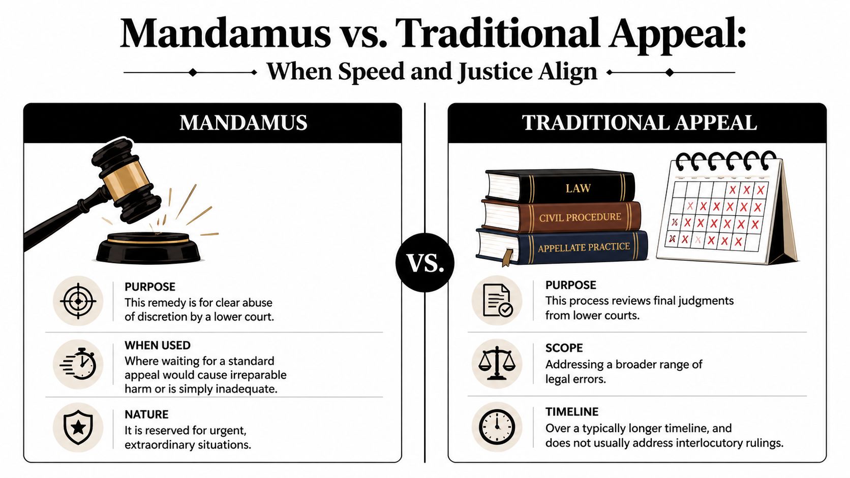 A comparison chart showing the differences between a Mandamus petition and a Traditional Appeal in legal proceedings.