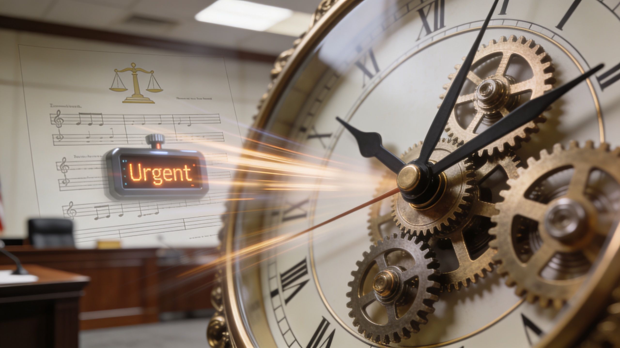 A clock with exposed gears sits before a legal document with a music sheet and urgent sign.