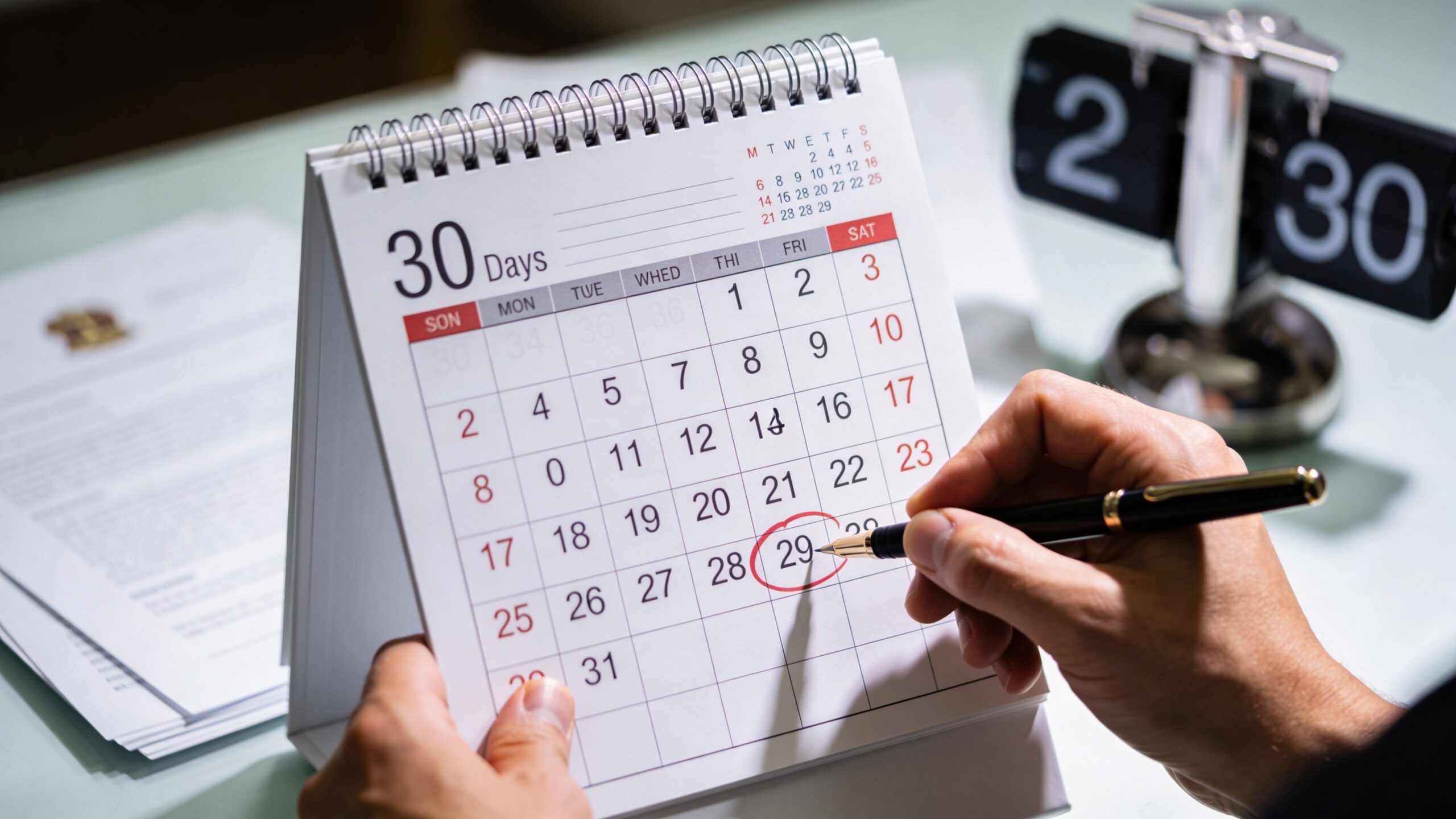 A professional hand marks the twenty-ninth day of the month on a desk calendar with a pen.