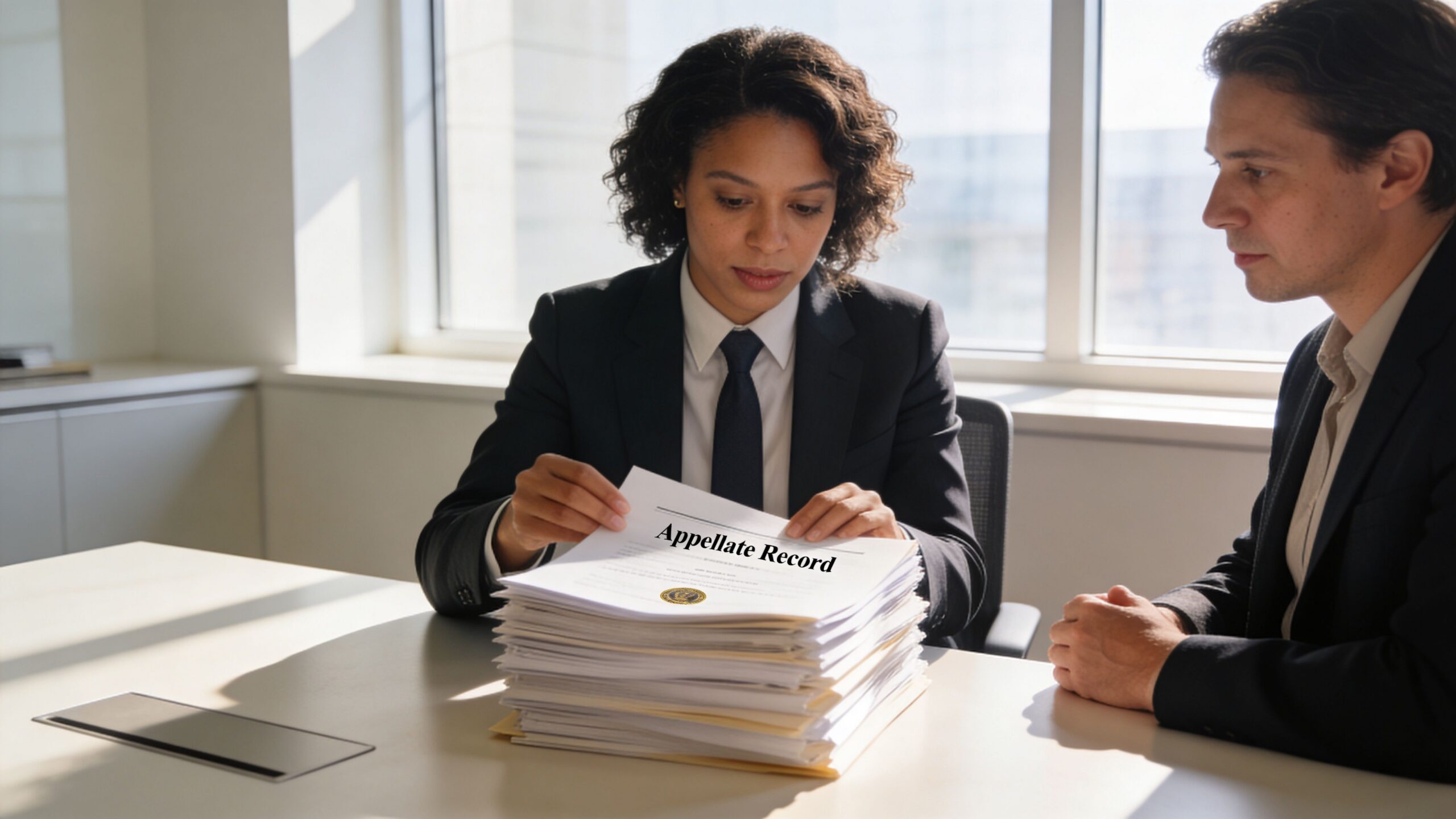 A professional attorney reviewing an extensive appellate record stack with a client in a bright office setting.
