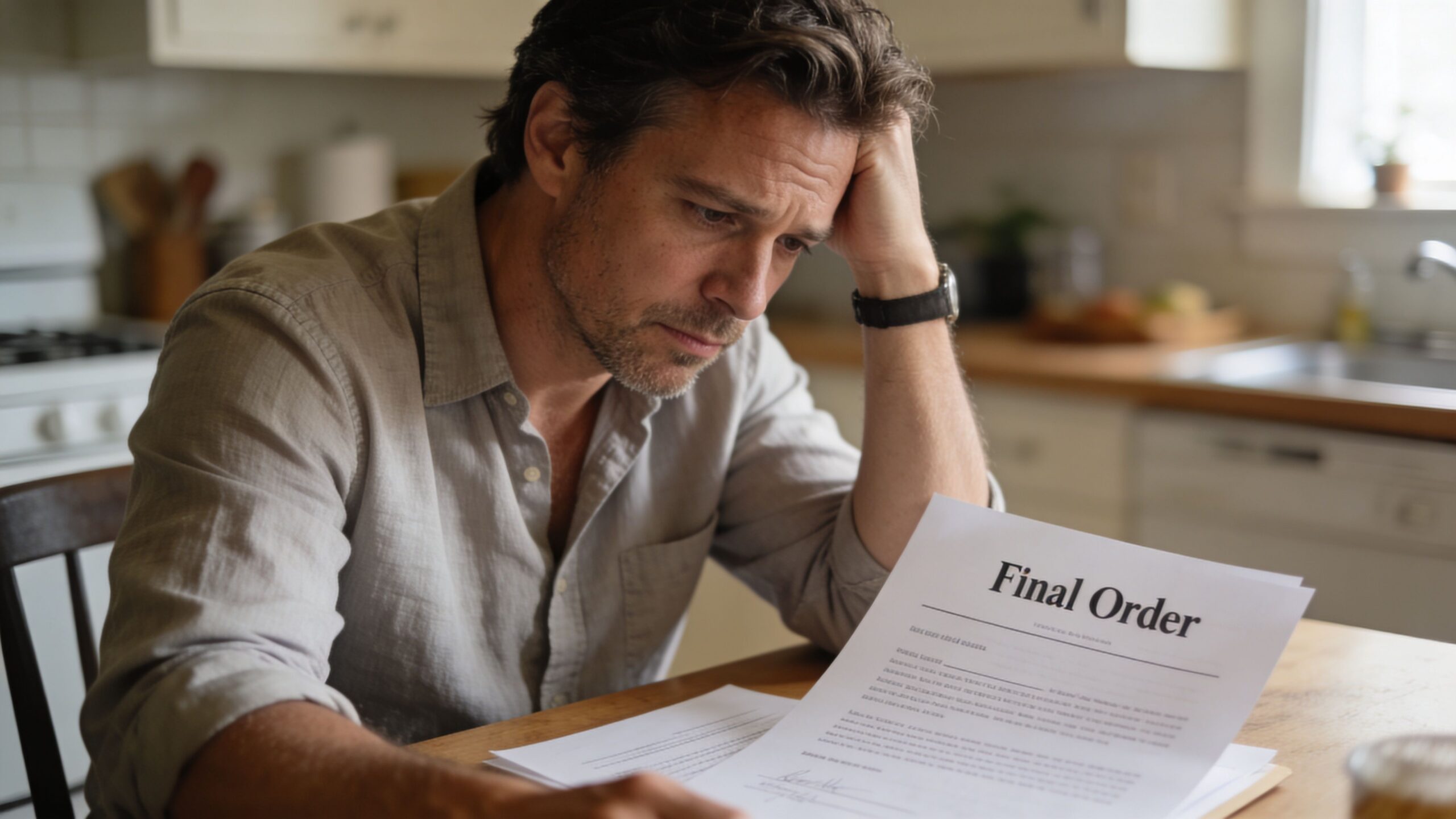 A concerned man sitting at a wooden table reviewing a legal document labeled Final Order.