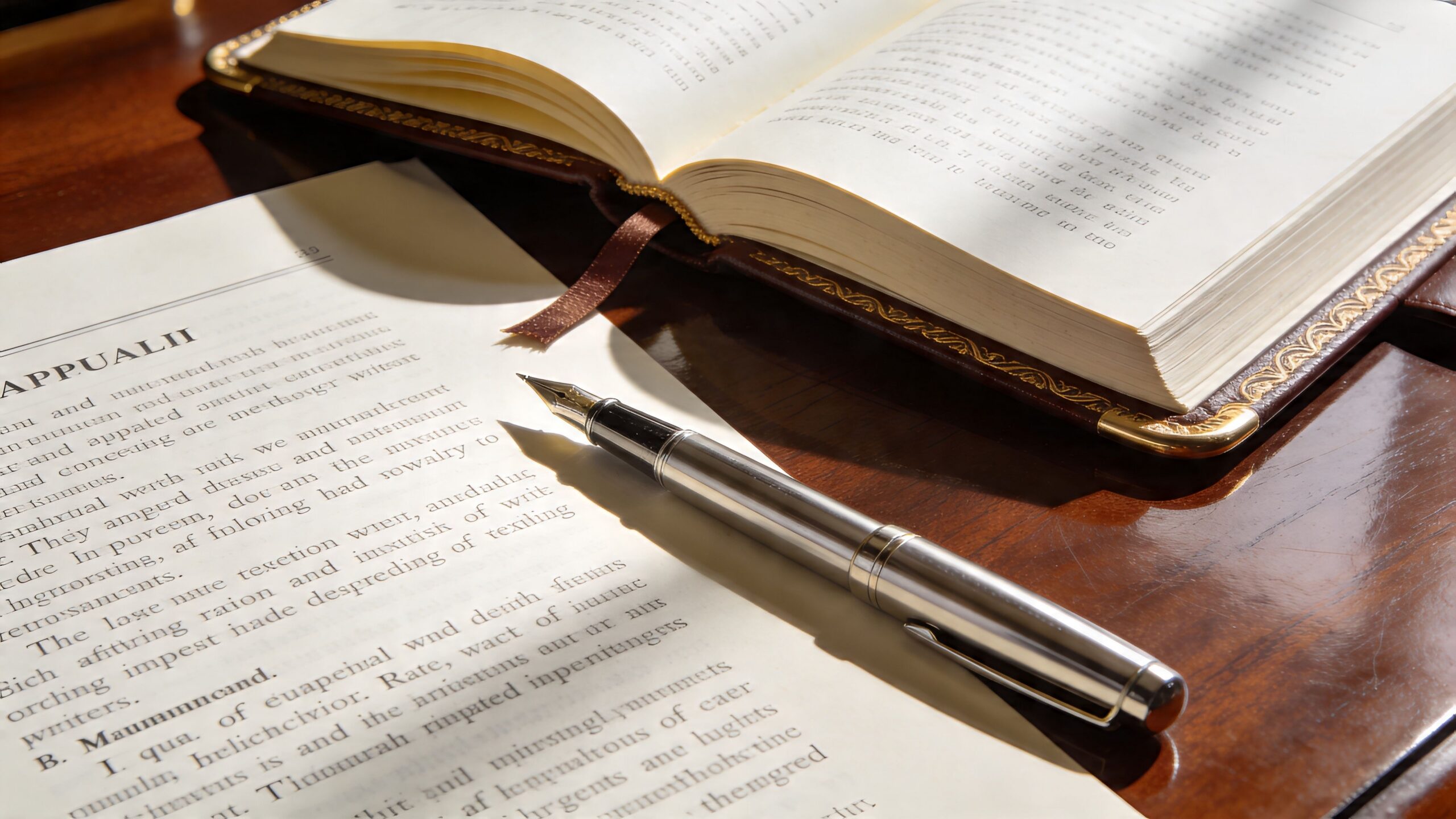 A silver fountain pen rests on a legal document beside an open leather bound book.
