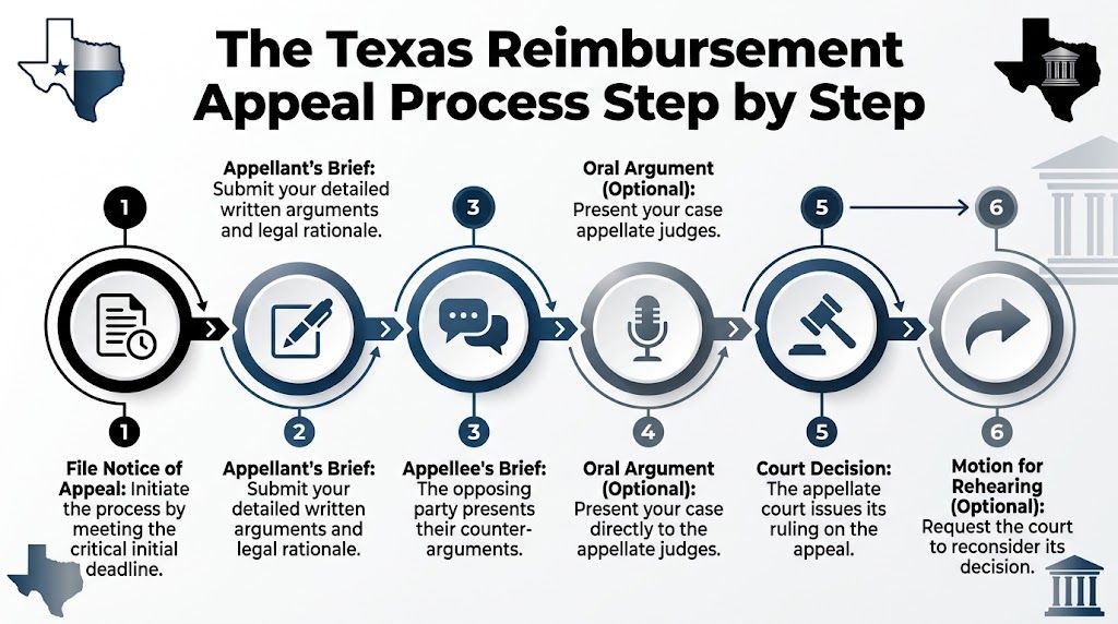 A step-by-step flowchart illustration outlining the legal Texas reimbursement appeal process for court cases.