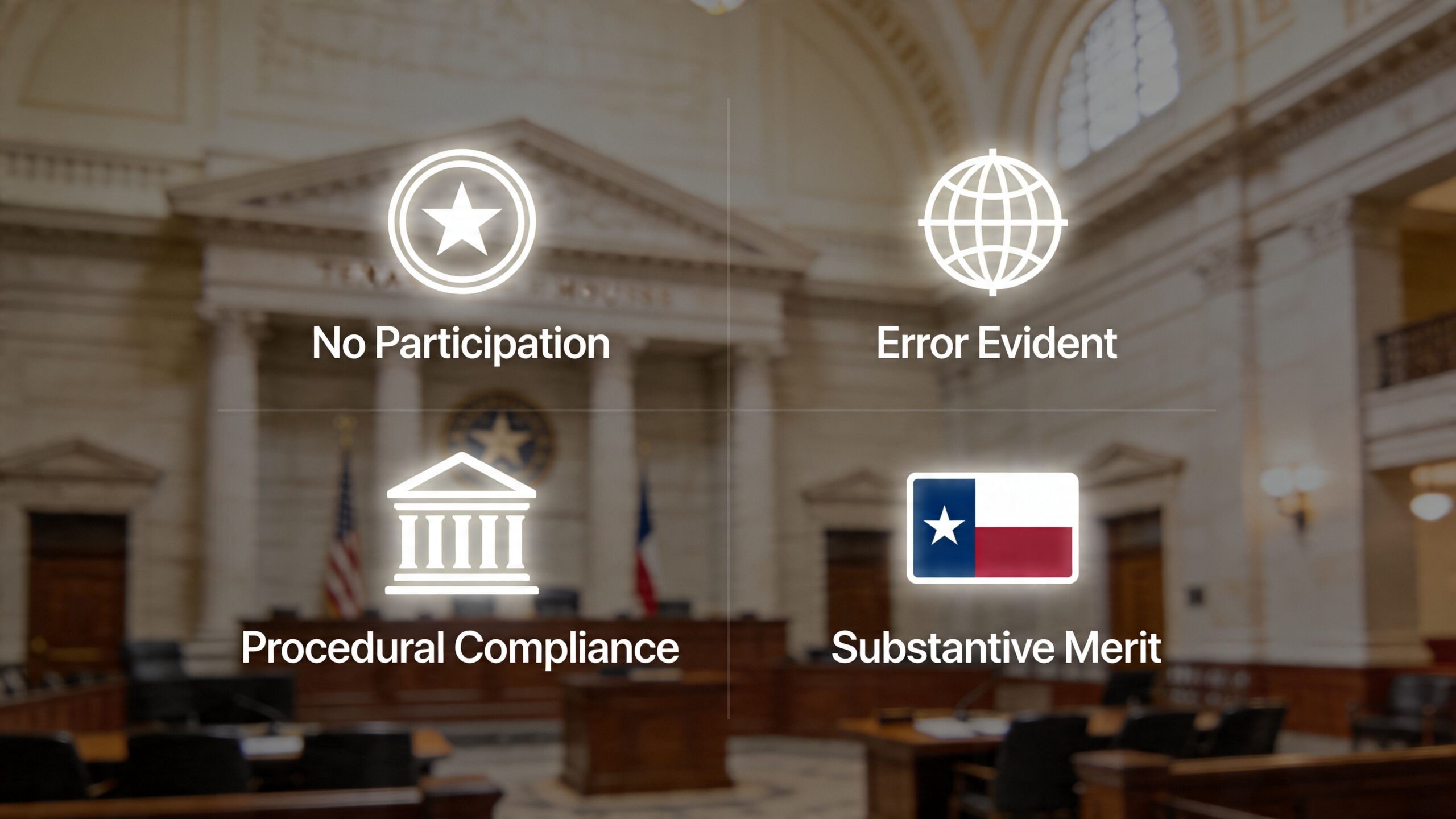A four-part graphic representing Texas legal concepts with icons for participation, error, procedure, and state merit.
