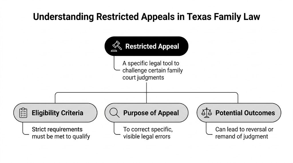 A diagram outlining the basics of restricted appeals in Texas family law court proceedings.