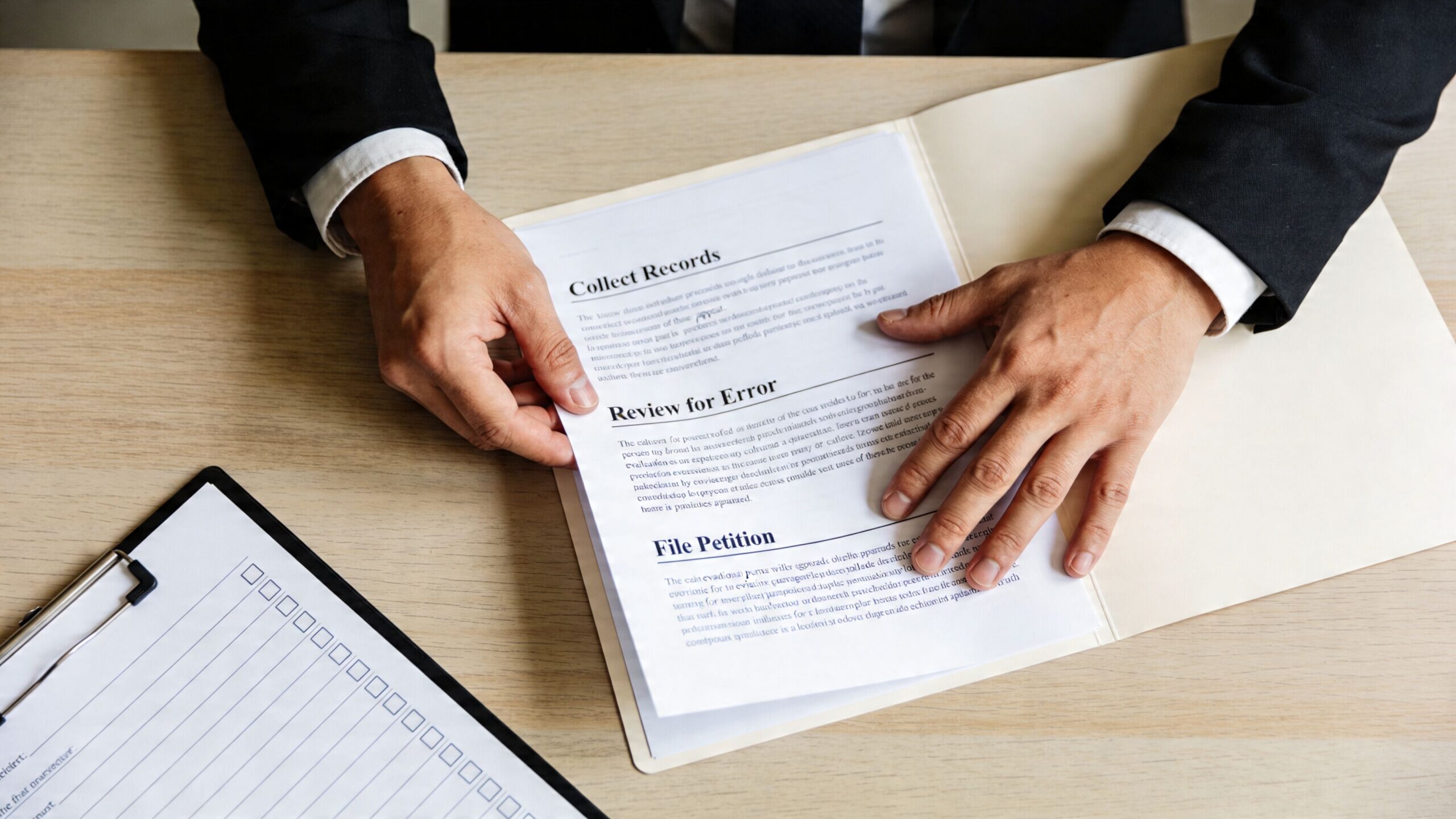 A professional in a suit reviewing legal documents while organizing files on a wooden office desk.