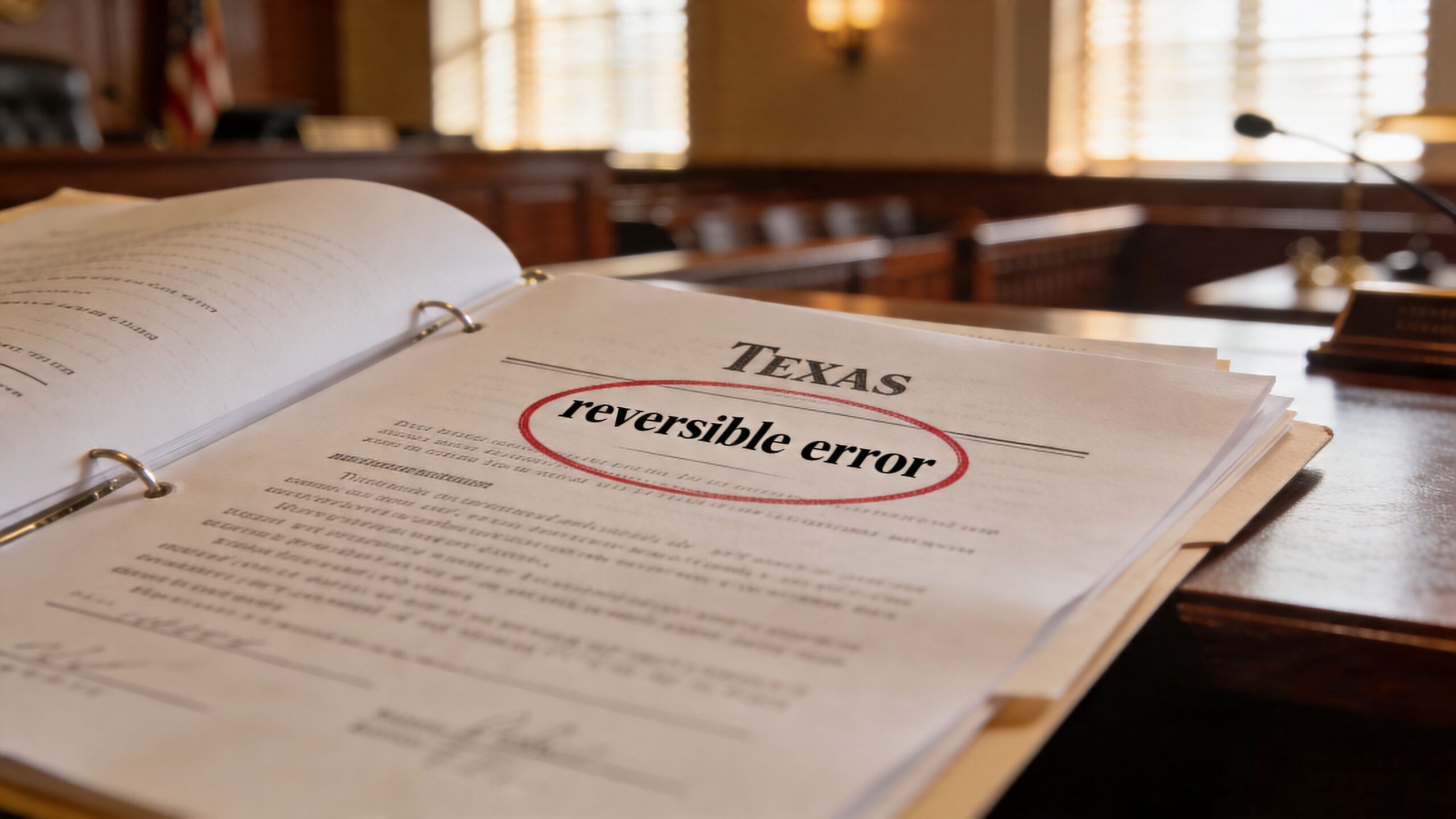 A legal document labeled Texas reversible error rests on a wooden table inside a courtroom setting.