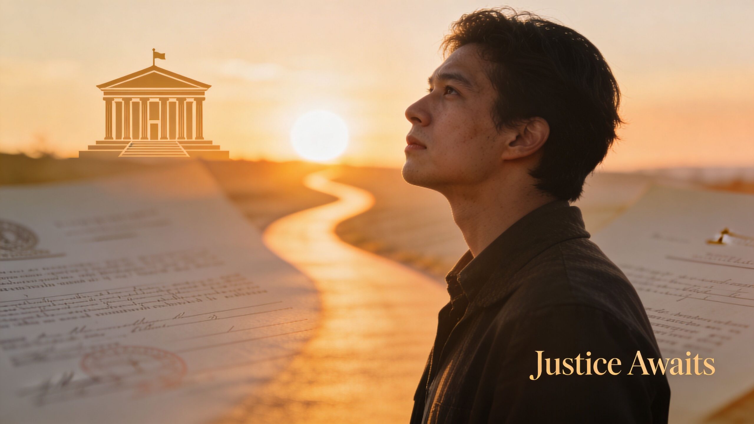 A person looking toward a sunrise with legal documents and a courthouse icon, symbolizing justice and hope.