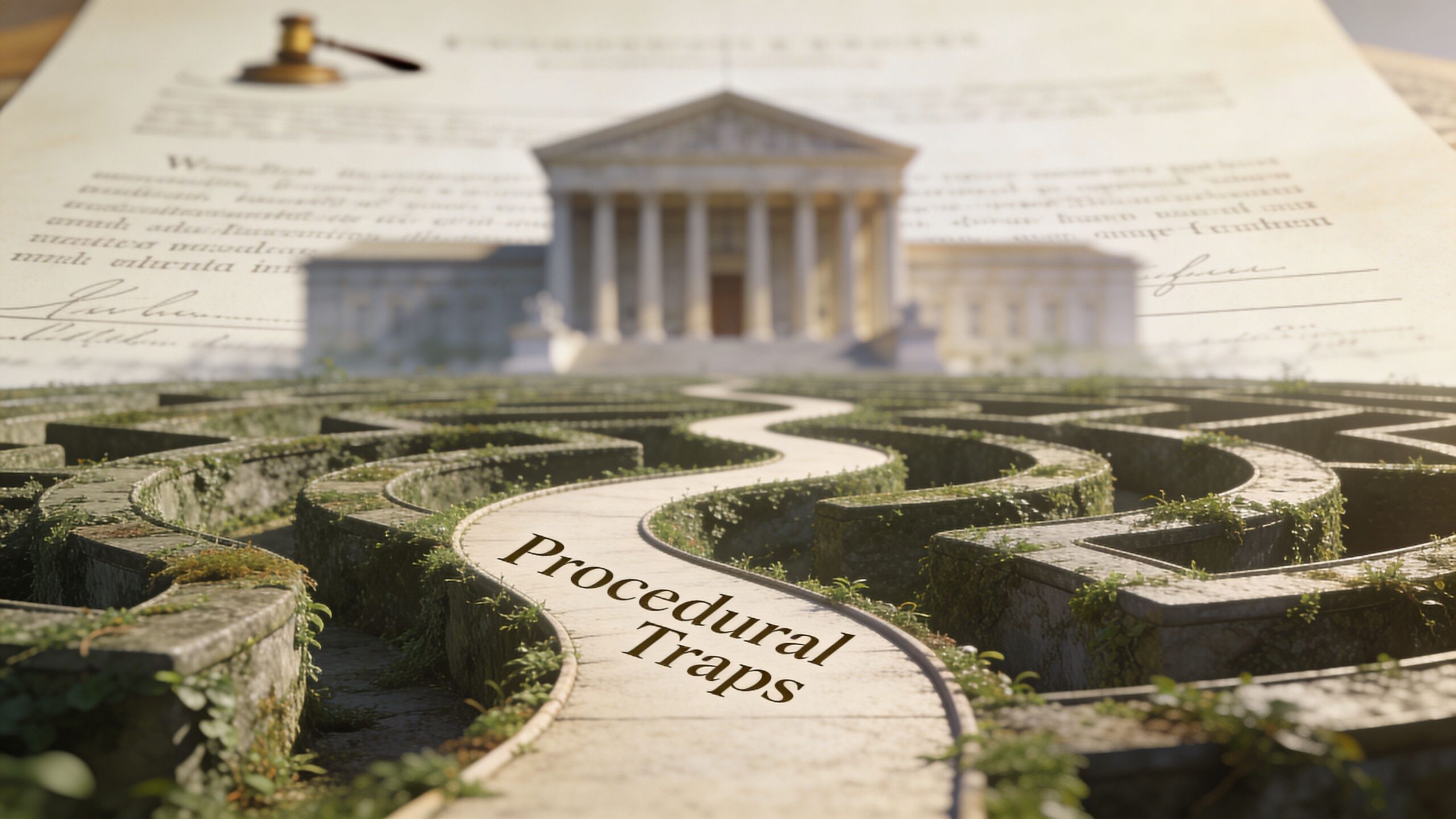 A pathway through a garden maze leading to a courthouse building, representing legal procedural traps.