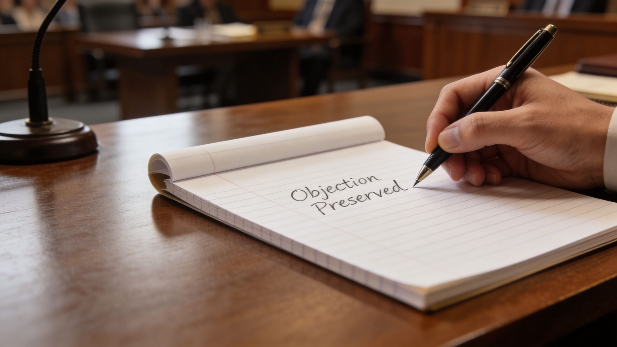 A legal professional writes the words Objection Preserved on a notepad inside a courtroom setting.