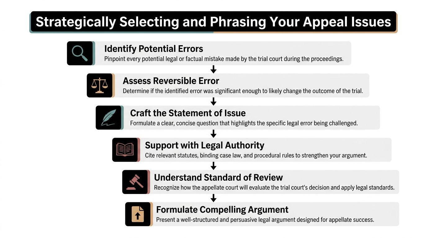 A flowchart outlining the six strategic steps for selecting and phrasing effective legal issues on appeal.