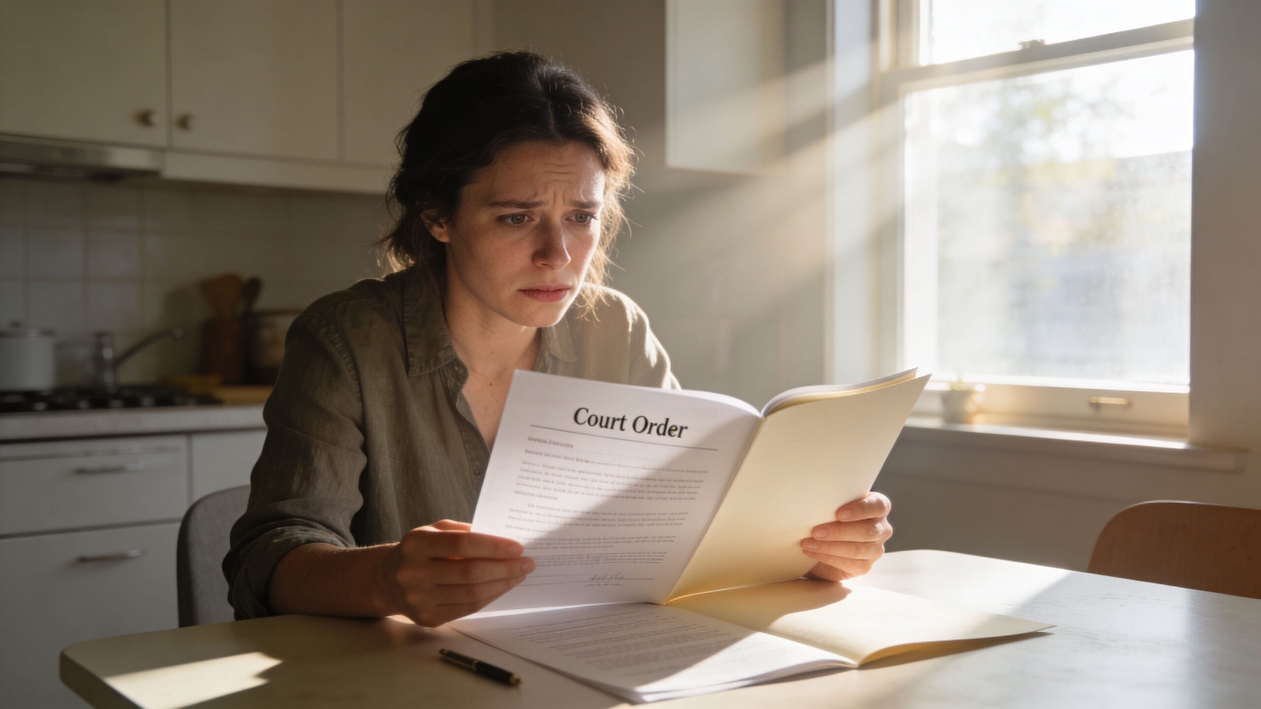 A distressed woman sits at a kitchen table reading a document titled Court Order with deep concern.