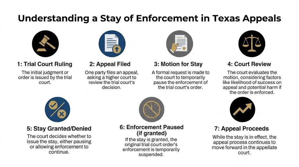 A seven-step flowchart explaining the legal process for a stay of enforcement during Texas appeals.