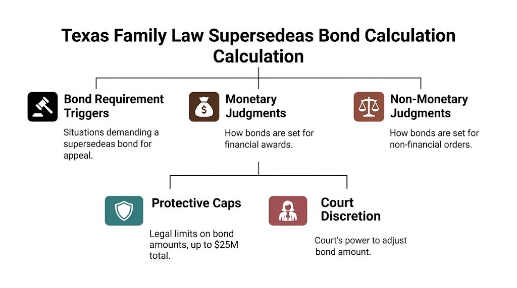 An infographic detailing the calculation process for a Texas family law supersedeas bond during the appeal process.