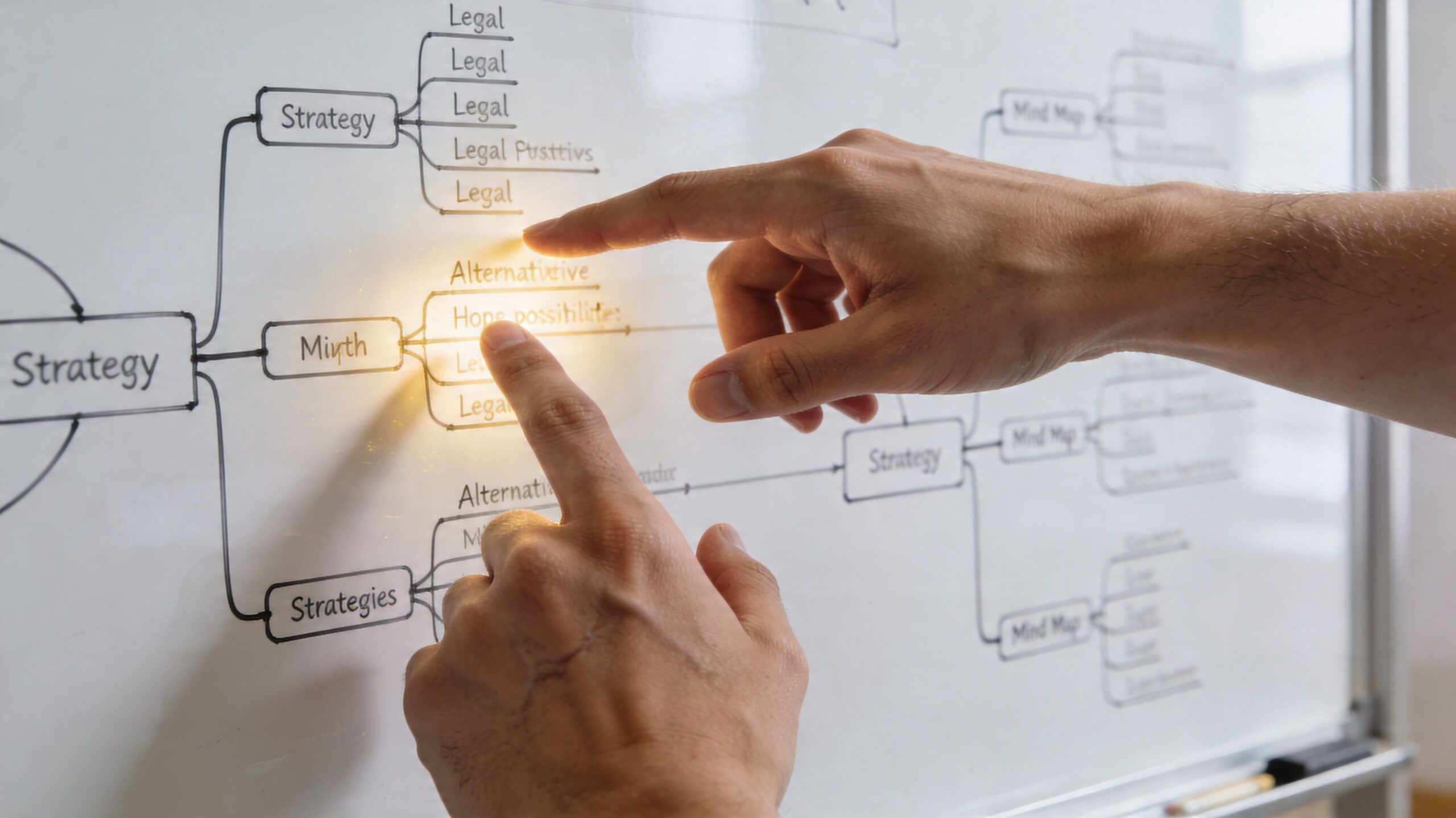 A person pointing at a mind map diagram on a whiteboard to explain business strategies.