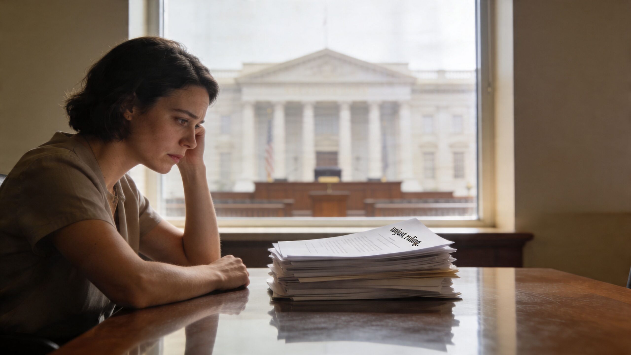 A distressed woman sits at a table with a large stack of legal papers titled unjust ruling.
