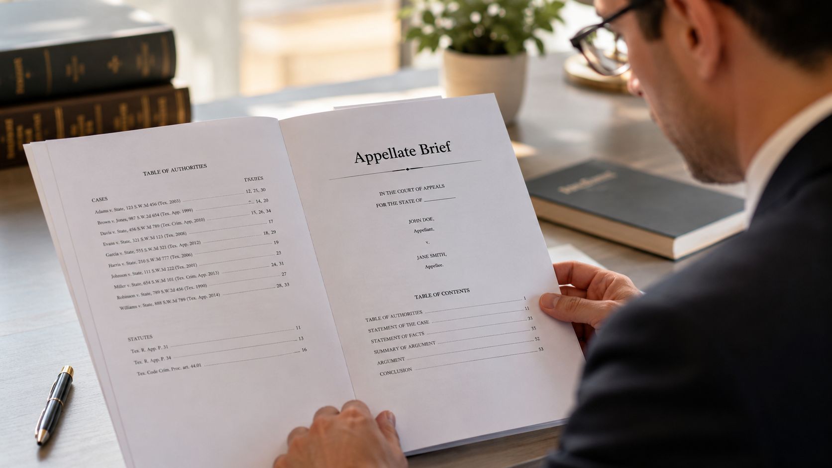 A professional lawyer reviewing a legal appellate brief document inside a bright, organized office setting.