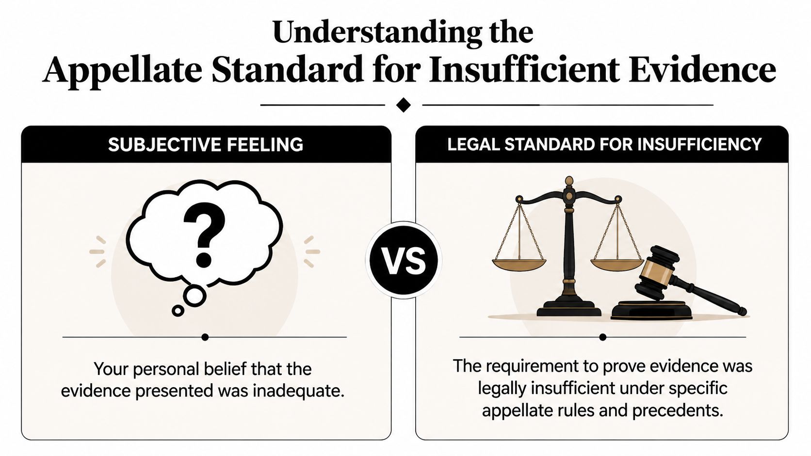 A diagram comparing a personal subjective feeling of insufficient evidence versus the formal legal appellate standard.