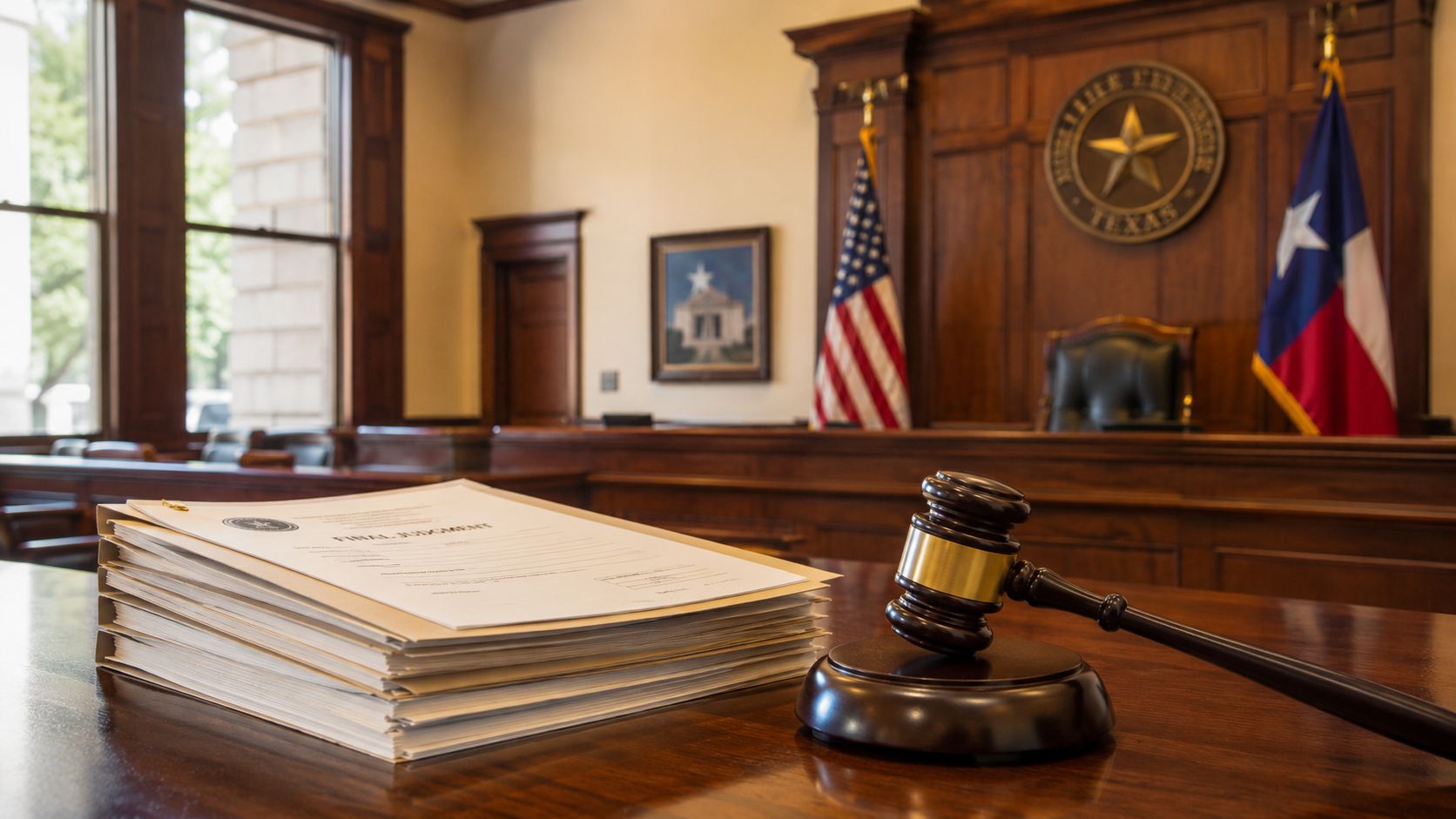 A wooden gavel and a stack of legal documents labeled Final Judgment on a courtroom desk.