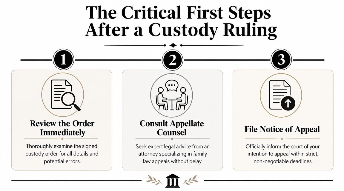 An infographic outlining three critical steps to take immediately following a legal child custody court ruling.