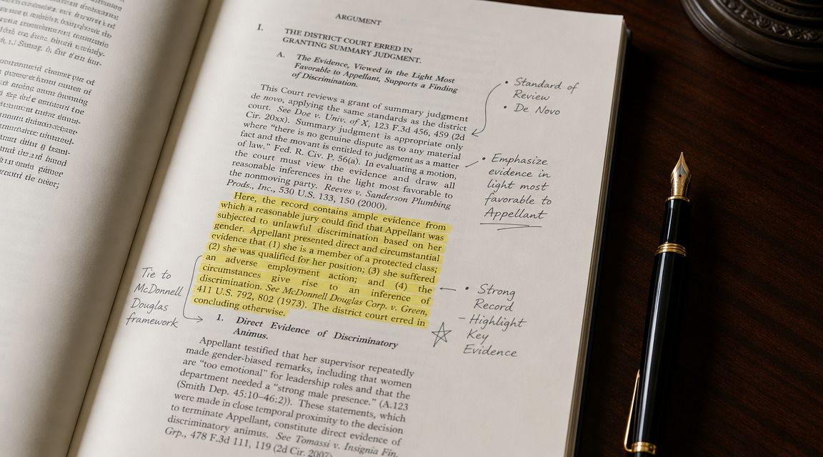 A legal textbook page features highlighted text and handwritten notes regarding summary judgment and discrimination laws.