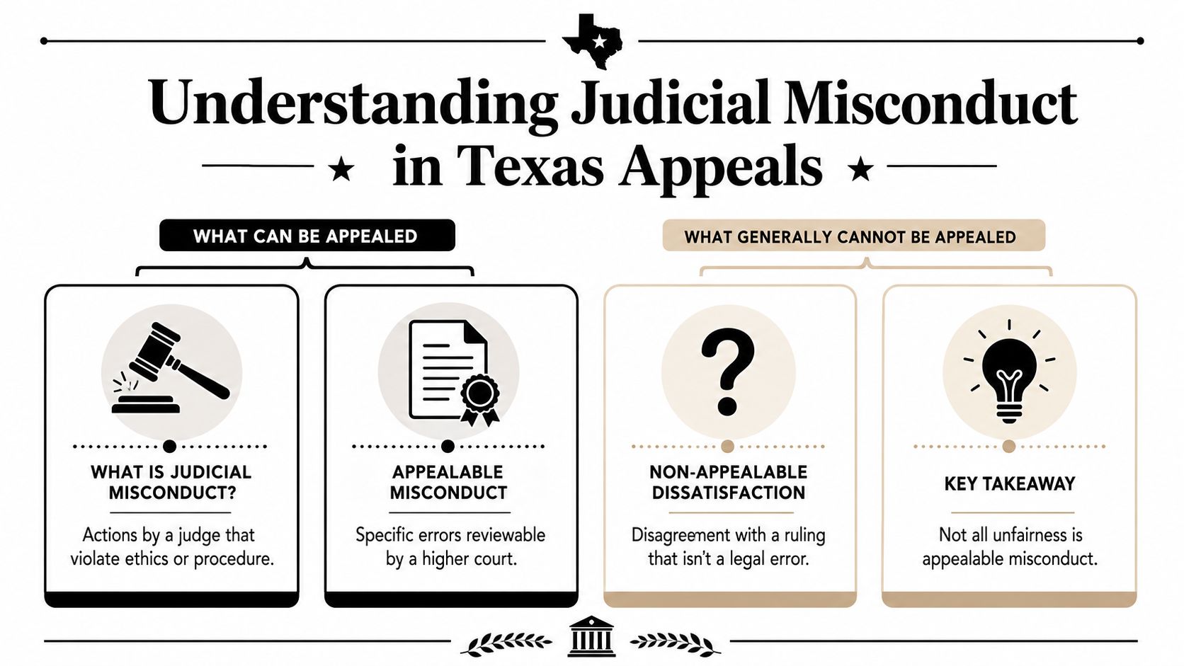 An infographic titled Understanding Judicial Misconduct in Texas Appeals, highlighting what can and cannot be appealed.