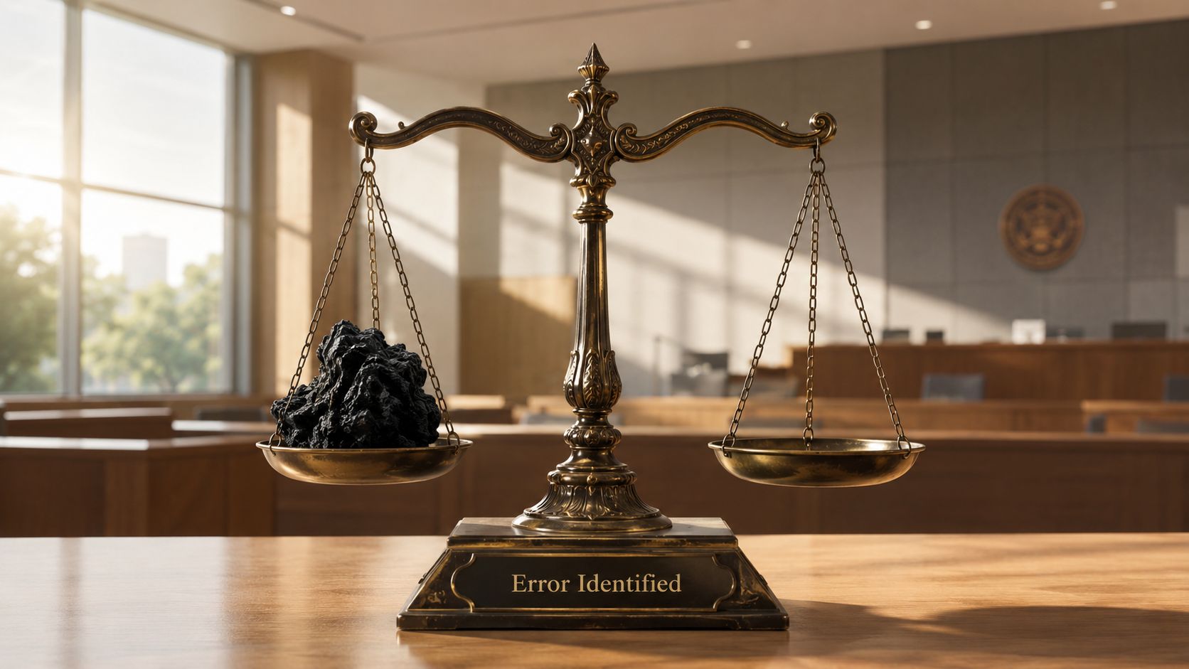 A courtroom scene featuring a balanced scale of justice with a dark rock on one side.