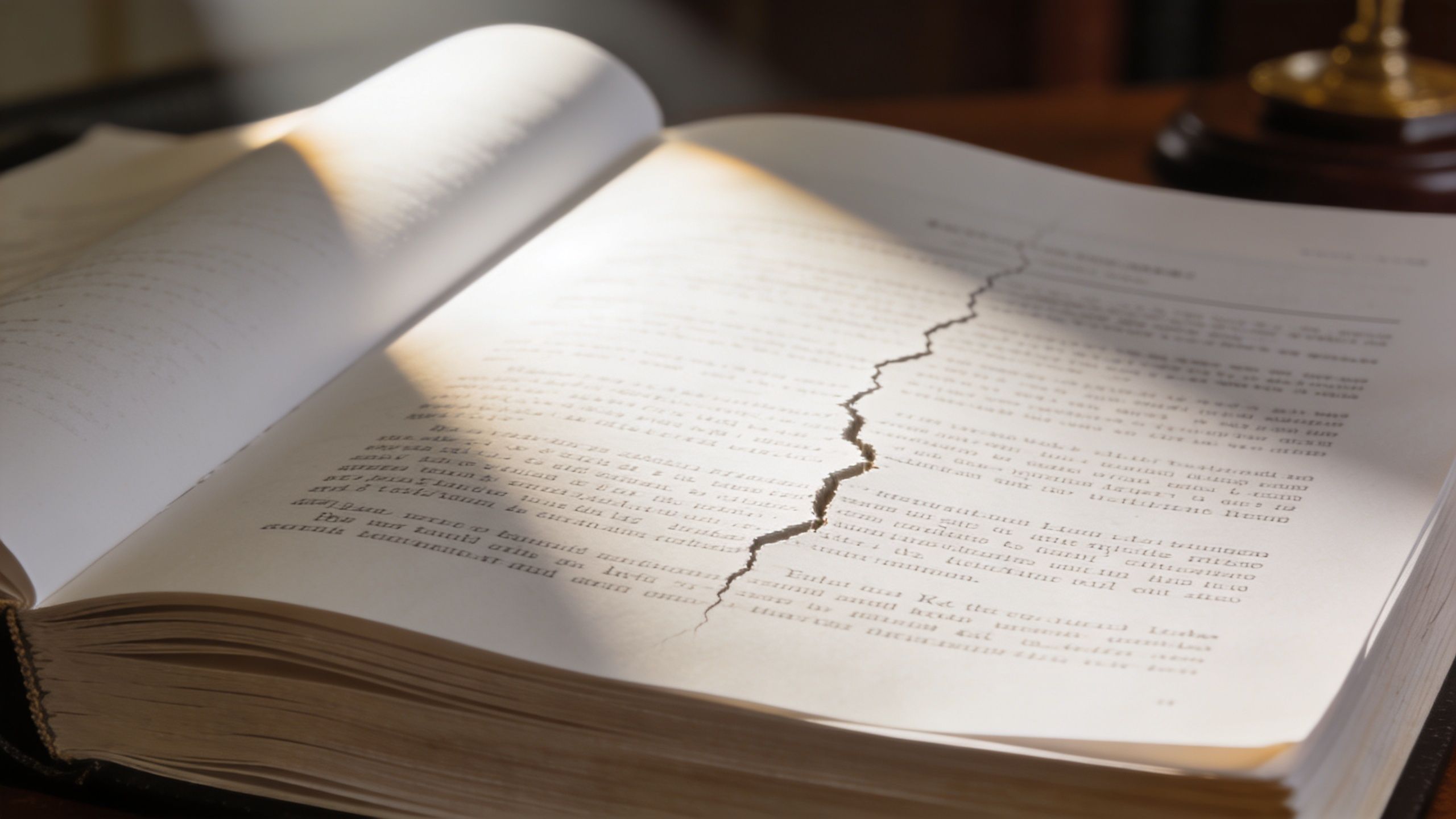 A close-up view of an open legal book with a dramatic crack running through the center pages.
