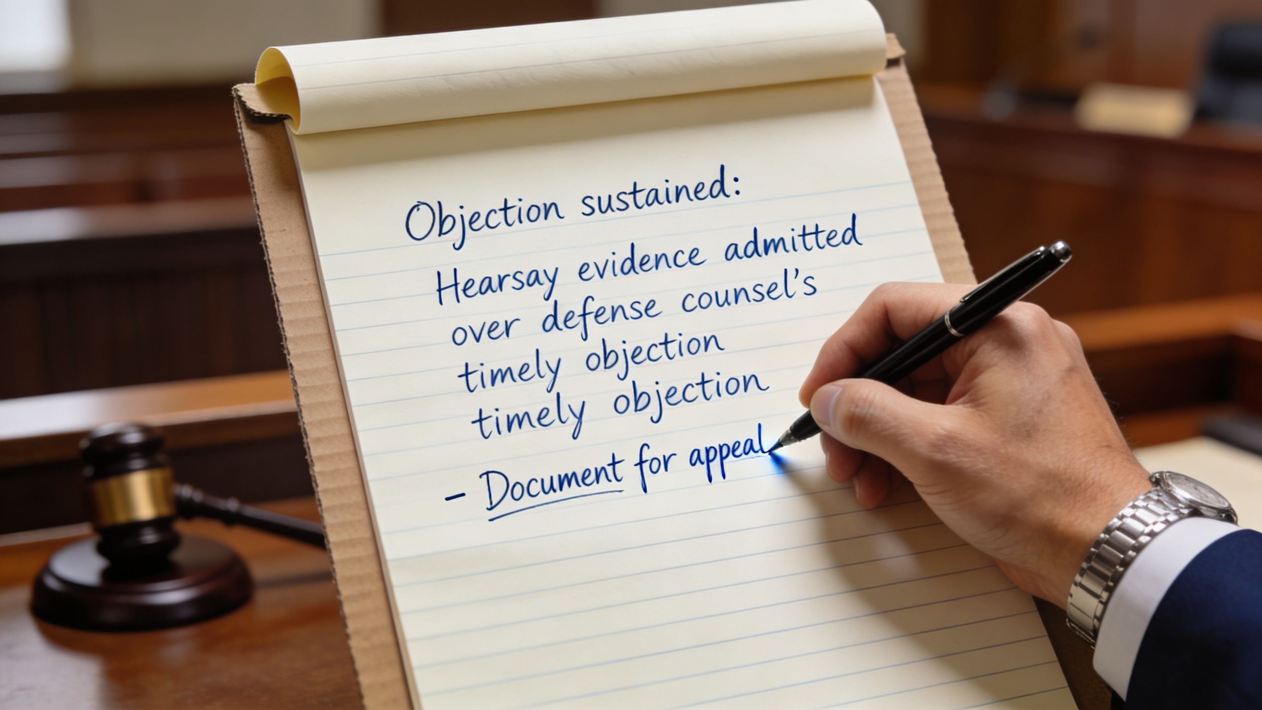A person writing notes on a legal pad in a courtroom, highlighting an objection for appeal.