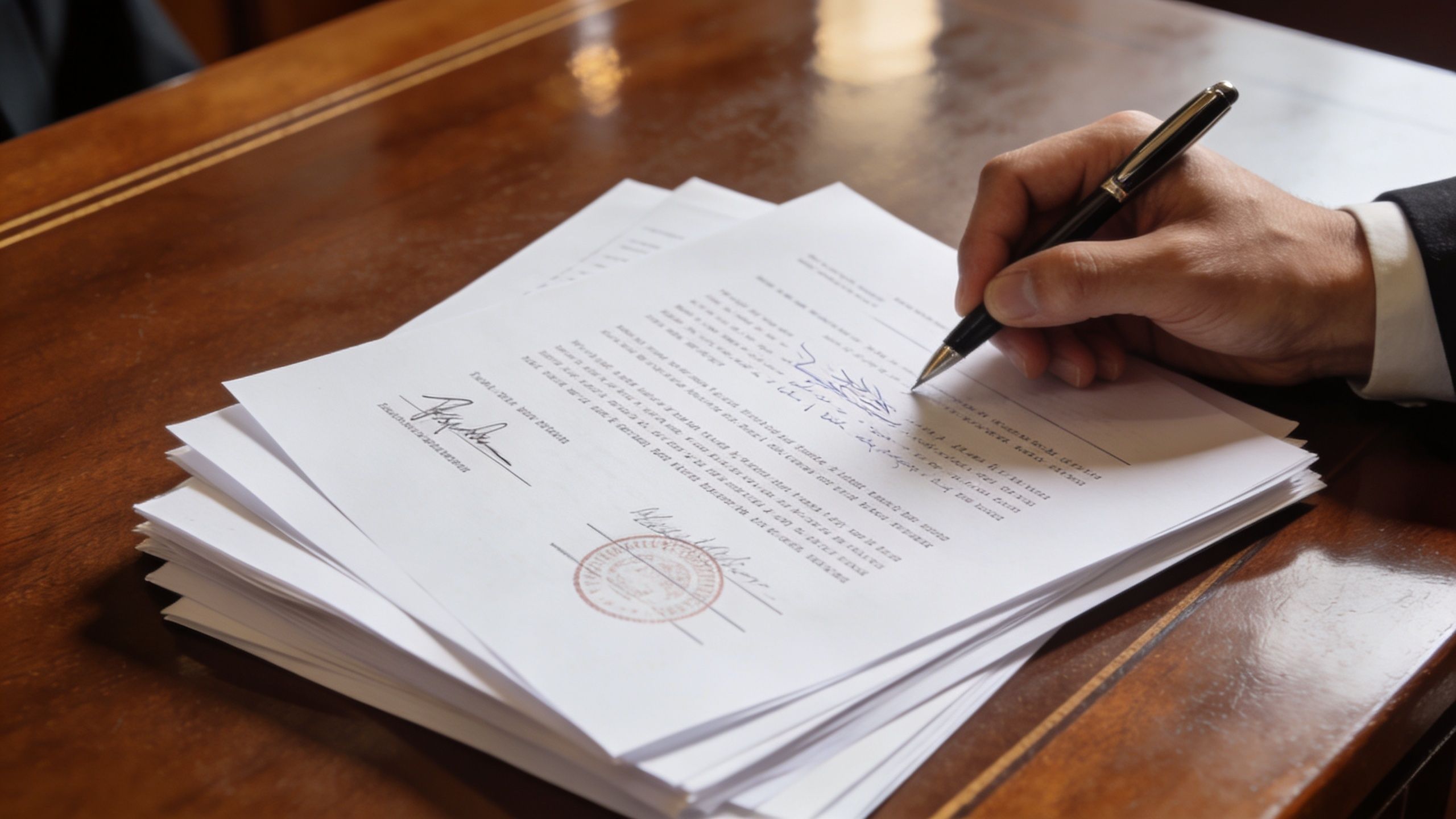 A professional hand signing an official legal document with a pen on a mahogany desk.