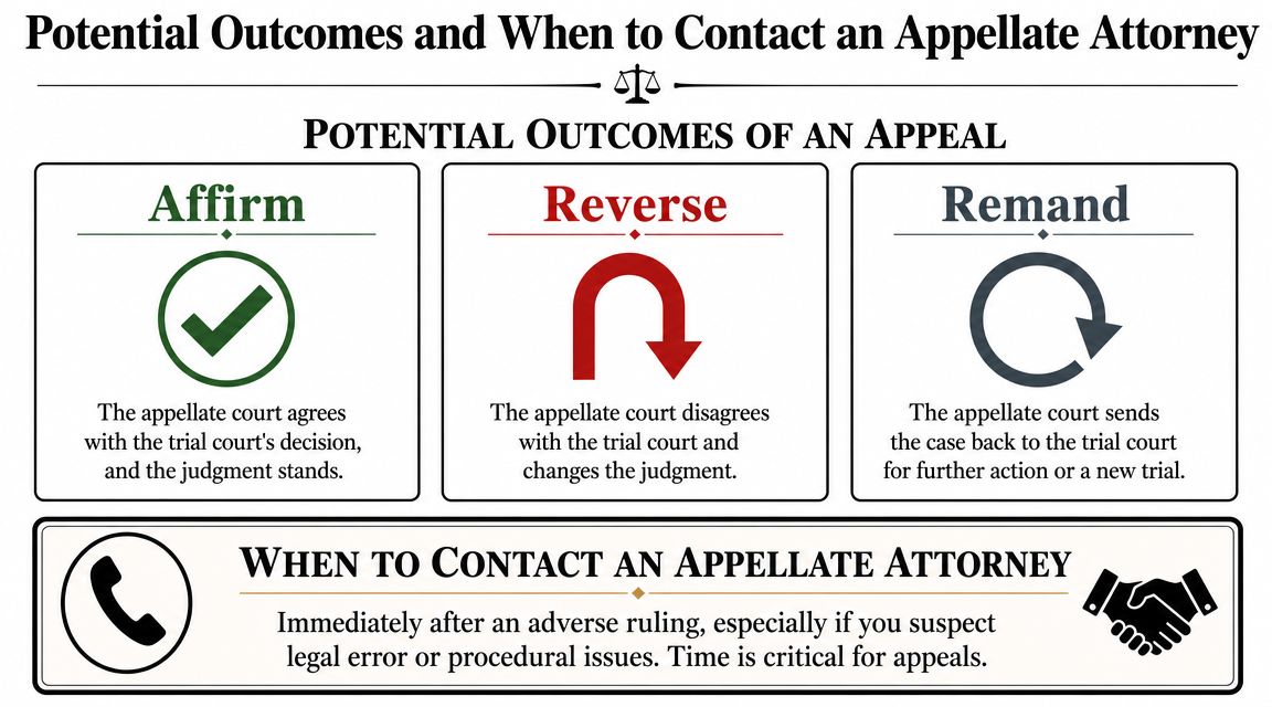An infographic showing potential outcomes of an appeal including affirm, reverse, and remand, plus when to contact an attorney.