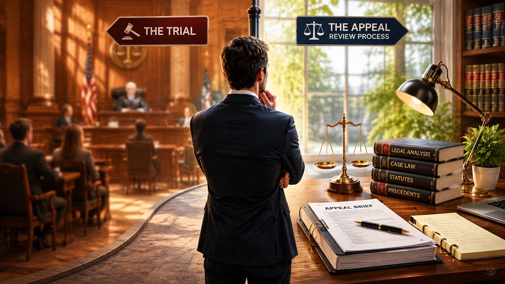A lawyer standing at a desk facing a courtroom scene, contemplating a trial versus an appeal decision.