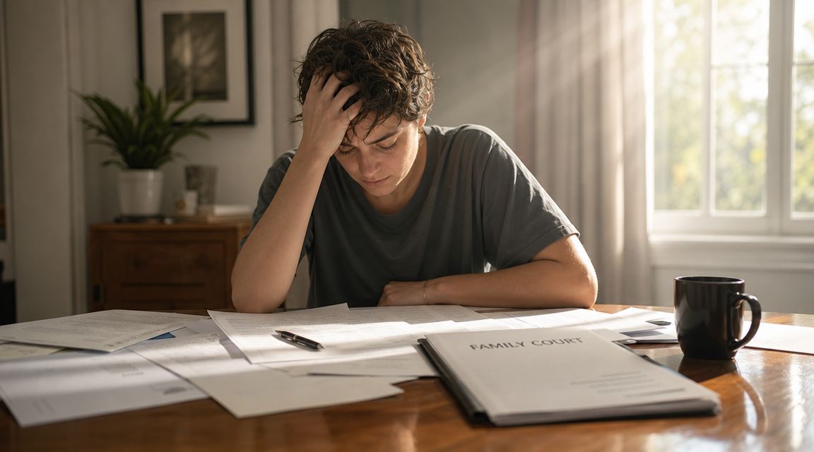 A person sitting at a desk appearing overwhelmed while reviewing family court legal documents.
