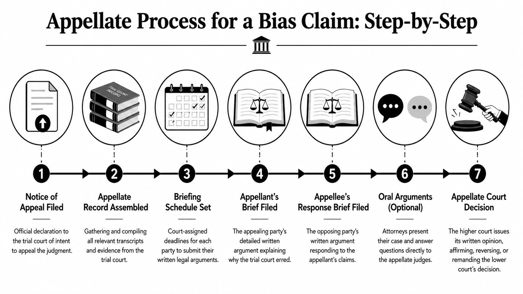 A seven-step infographic detailing the legal appellate process for filing a claim of judicial bias.