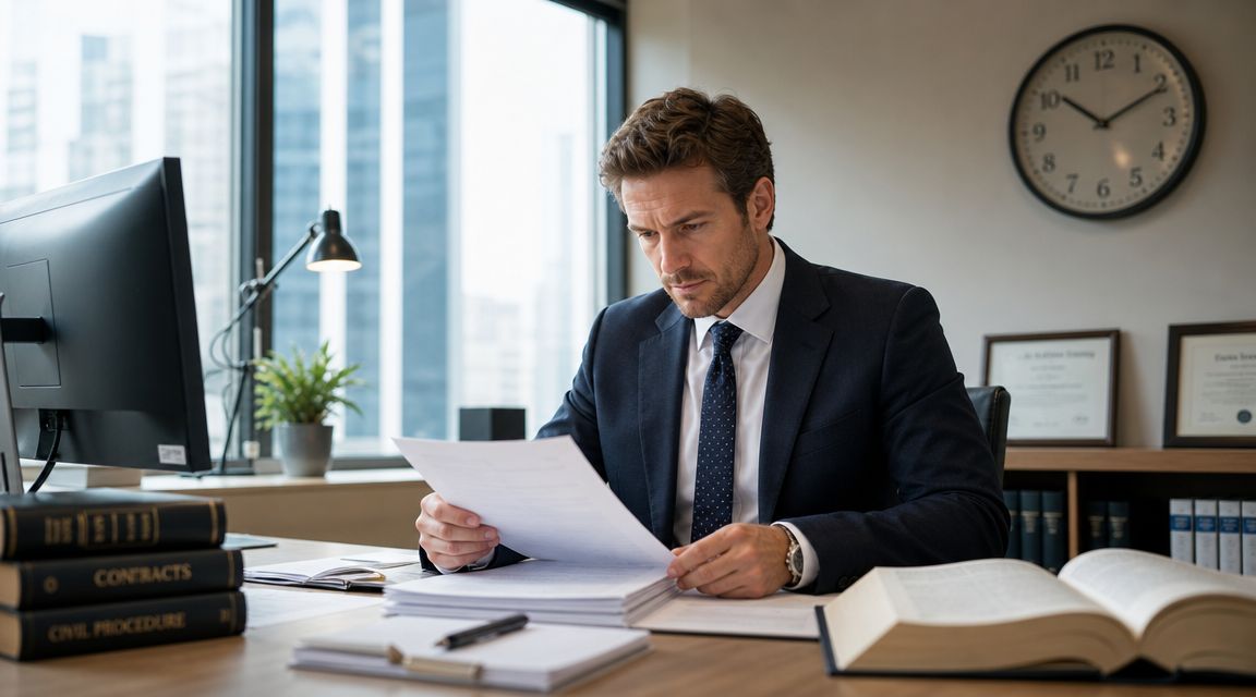 A professional lawyer reviewing legal documents at his desk in a modern office setting.