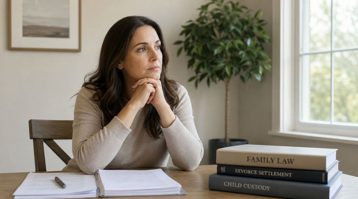 A concerned woman sits at a wooden table with legal documents and books about family law.