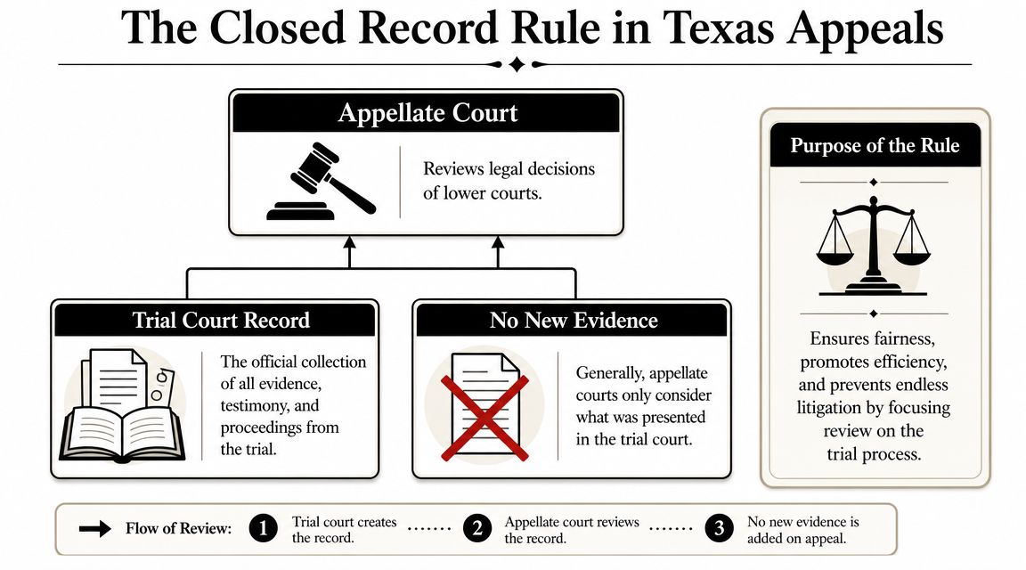 A diagram explaining the closed record rule in Texas appeals, showing the appellate court reviews only trial records.
