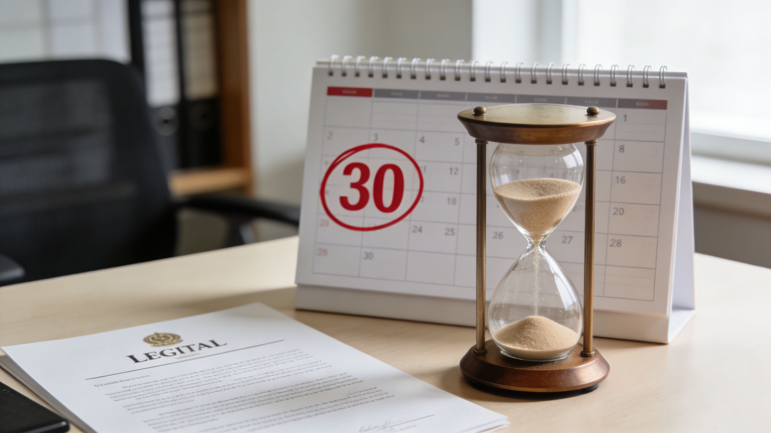 A legal document and an hourglass sit on a desk in front of a calendar marked with the date 30.