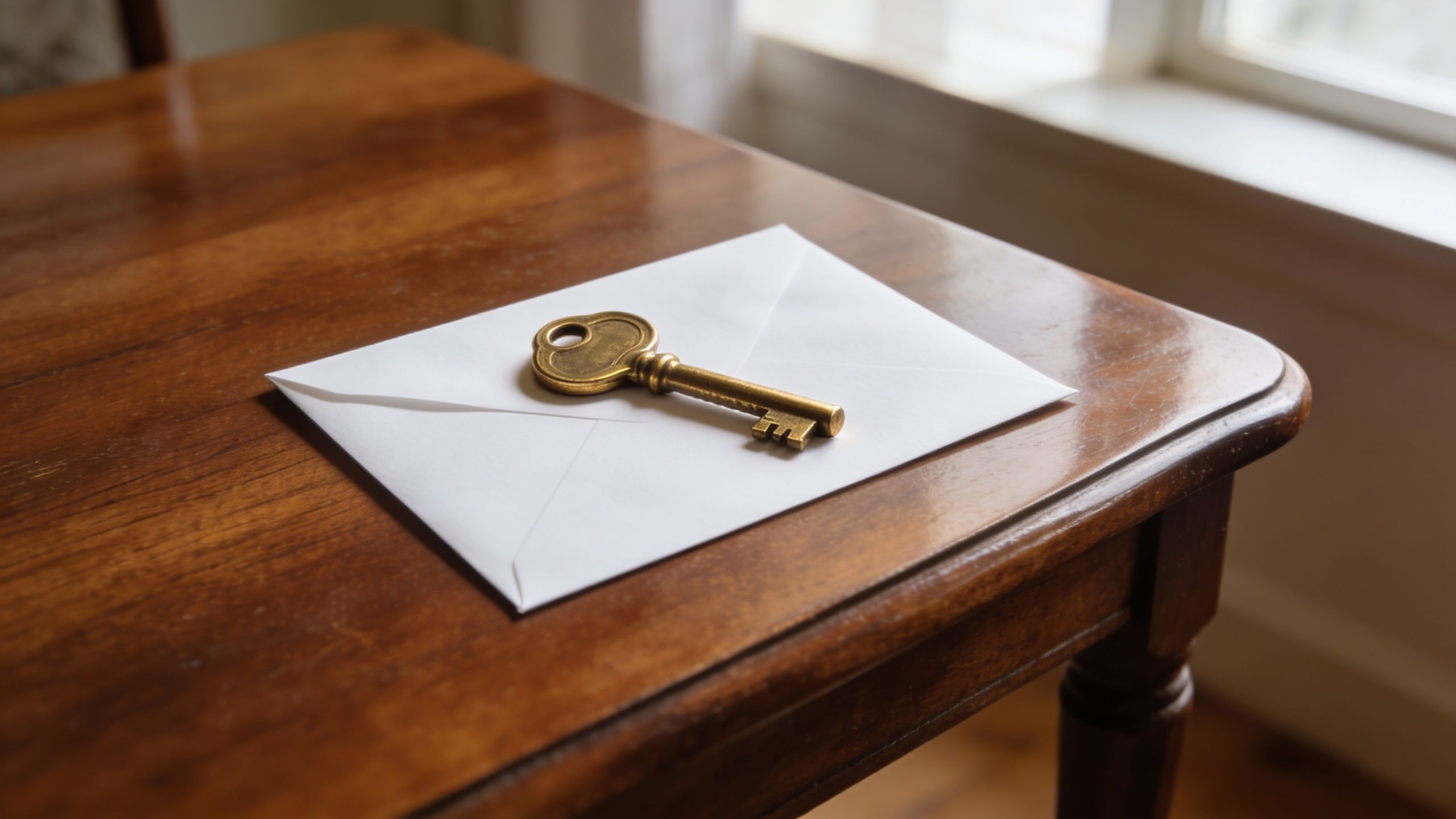 A vintage brass skeleton key resting on top of a clean white envelope on a wooden table.