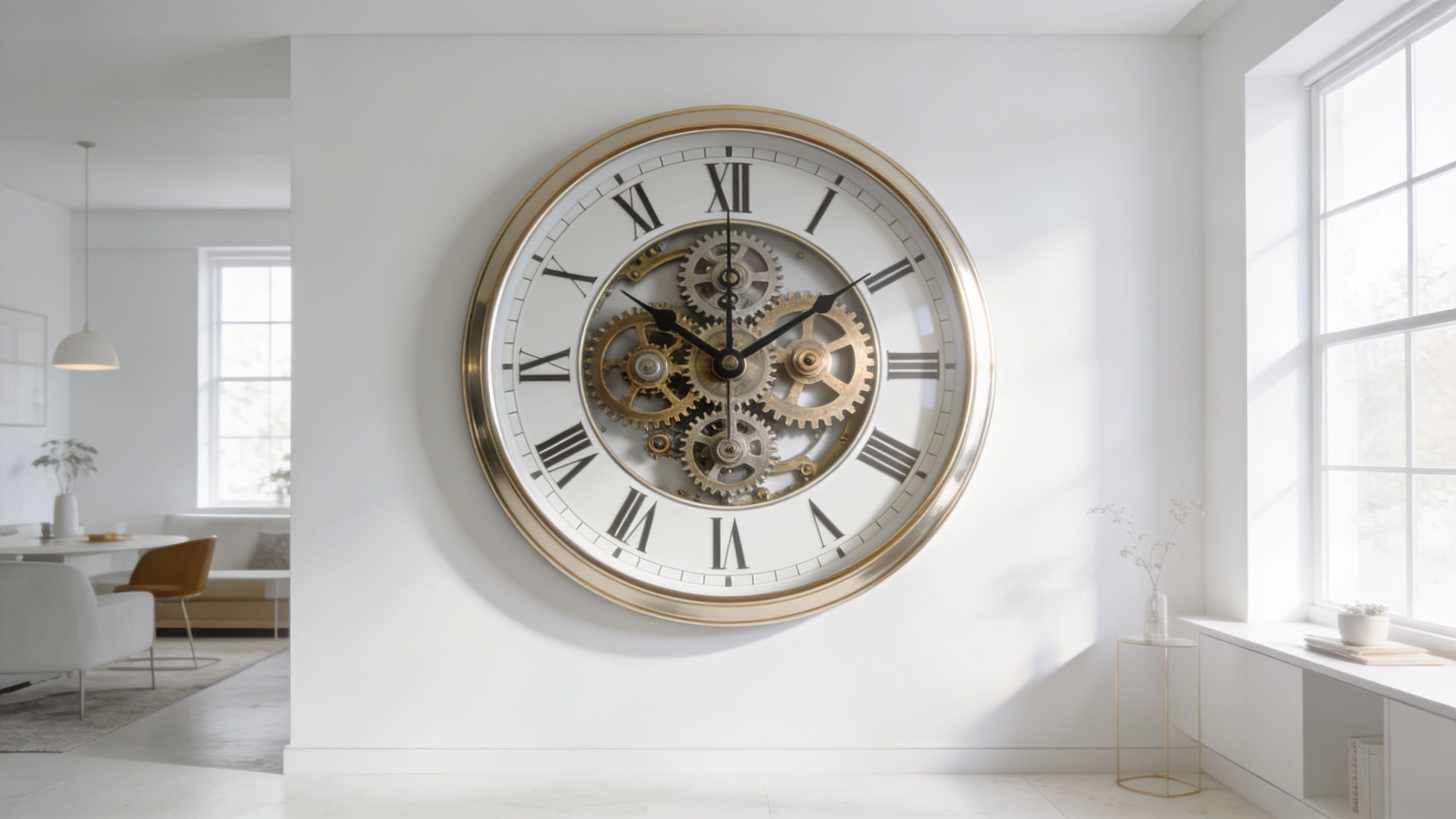 A large round mechanical wall clock with visible gold gears hanging on a white wall in a modern room.