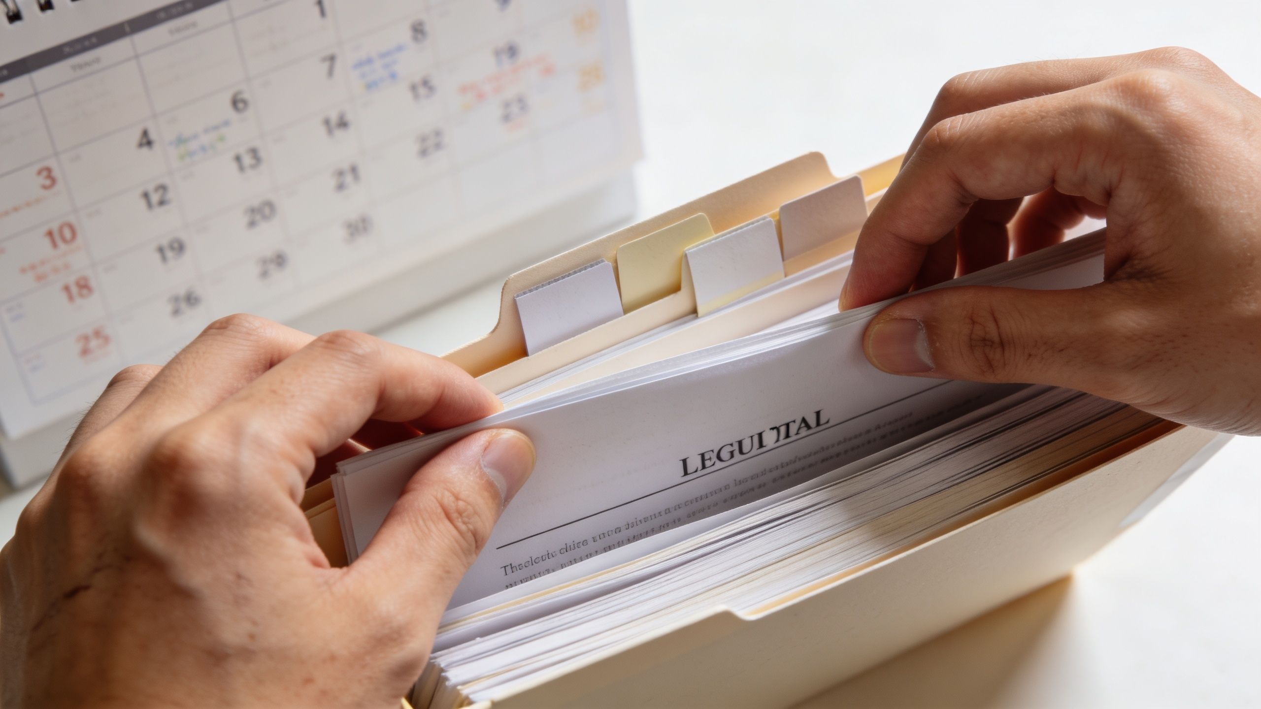 A person organizes legal documents in a filing cabinet folder next to a calendar for scheduling.