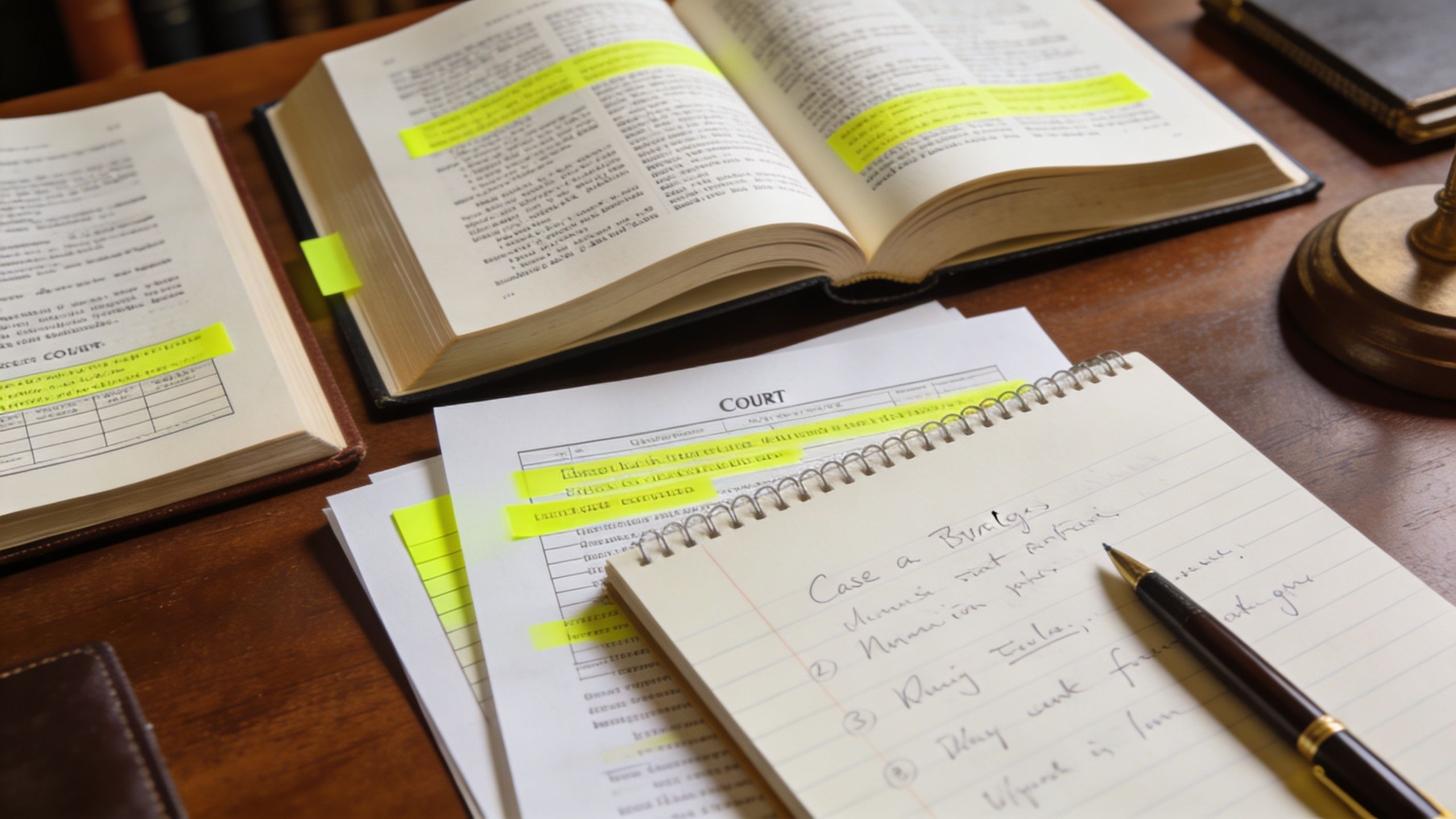 A close-up view of a wooden desk featuring open law books, highlighted legal documents, and a handwritten notebook.