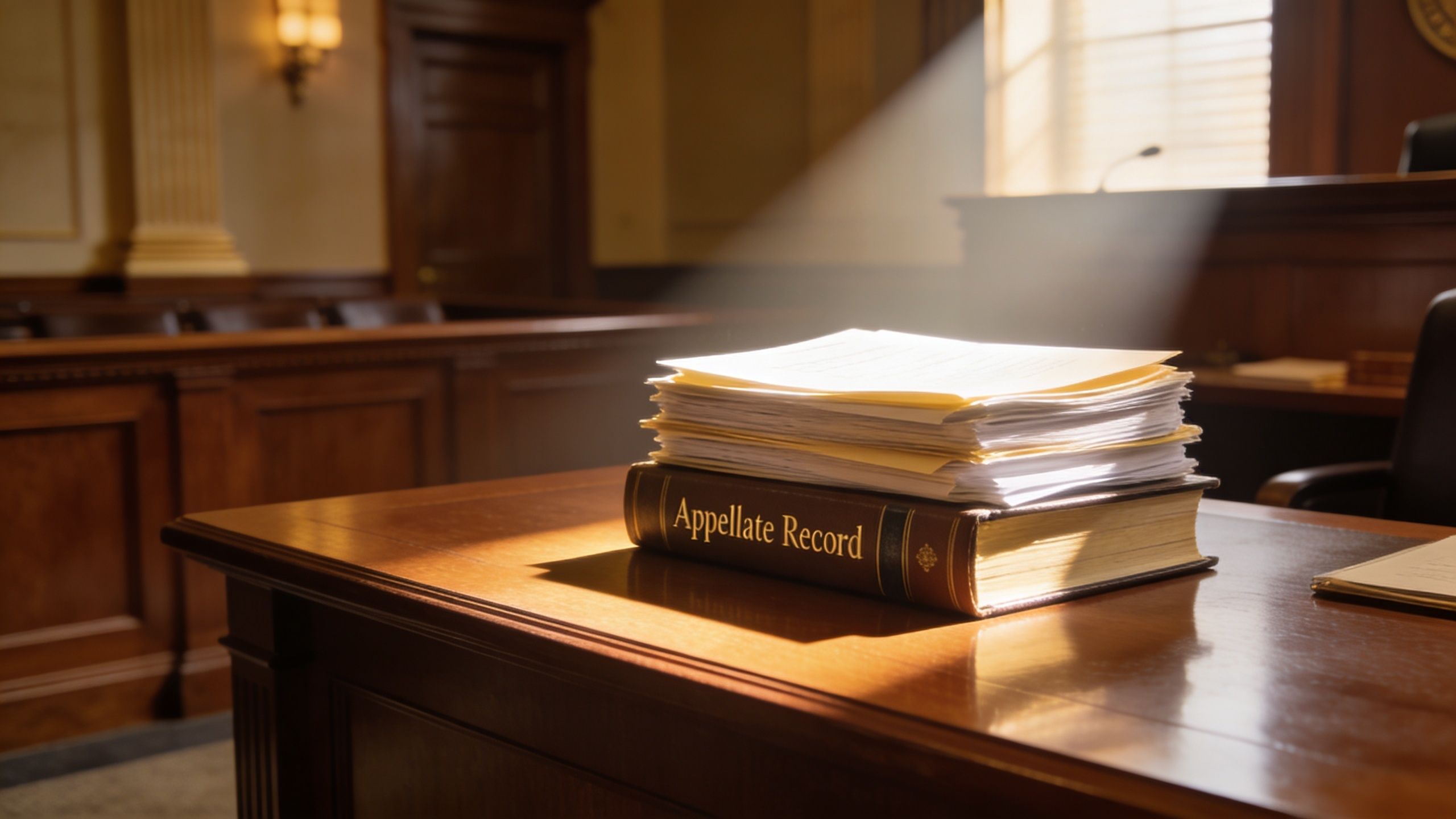 A stack of legal documents labeled Appellate Record sitting on a polished wooden courtroom desk.