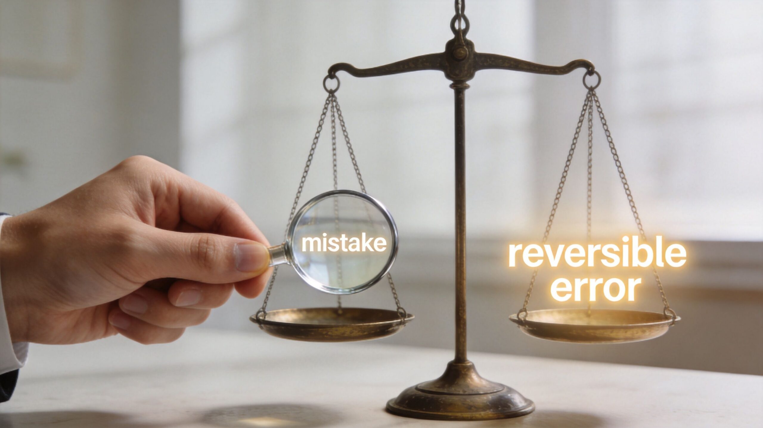 A hand holds a magnifying glass over a scale weighing the concepts of mistake and reversible error.