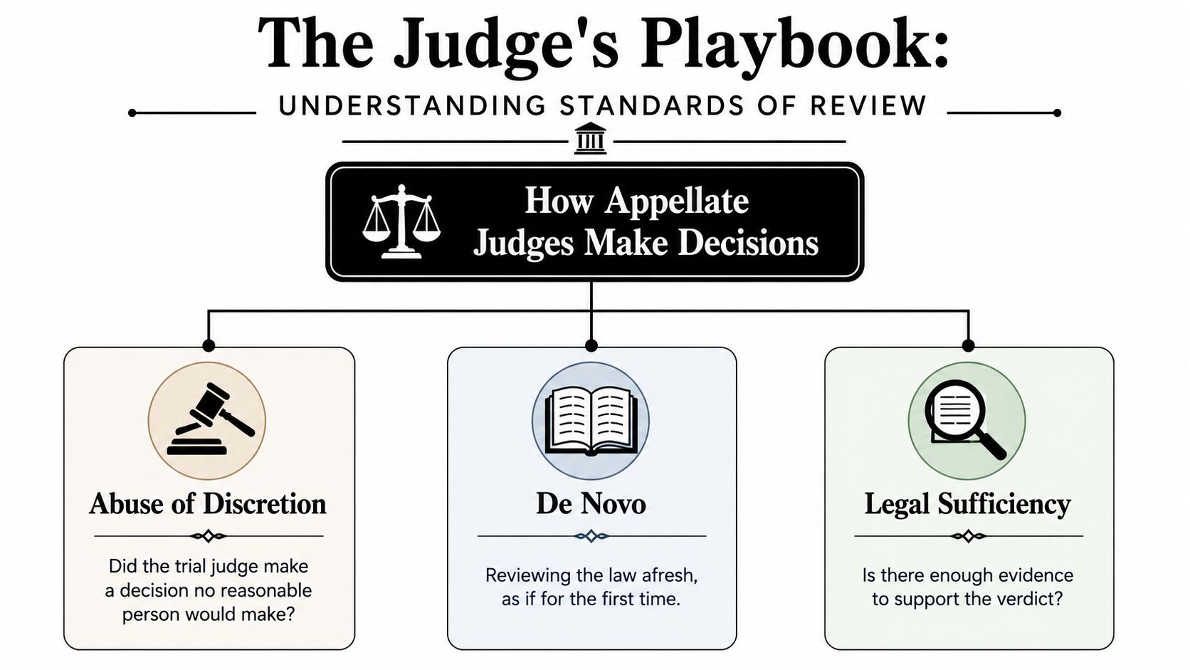 A flowchart titled The Judge's Playbook outlining the three standards of appellate review: Abuse of Discretion, De Novo, and Legal Sufficiency.