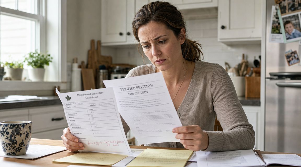 A concerned woman sitting in a kitchen holding a school report and a legal custody petition document.